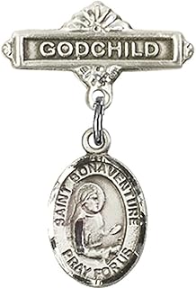 Sterling Silver Baby Badge with St. Bonaventure Charm and Godchild Badge Pin 1 X 5/8 inches