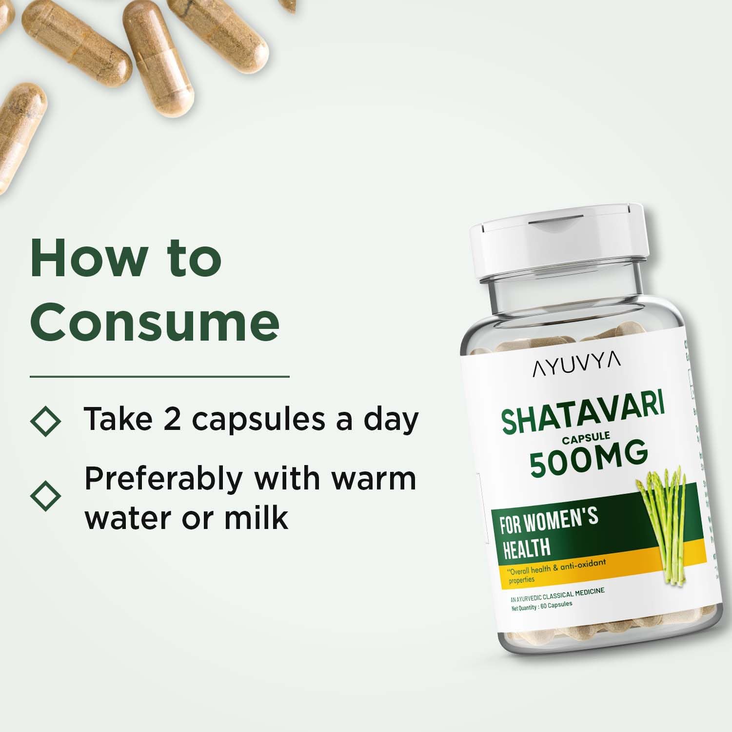 Ayuvya Shatavari Dry Extract Capsules - 500mg - Herb for Women's Health, Lactation Support, Stress Relief, and Anti-Aging, 60 Capsules | As Seen on Shark Tank 2