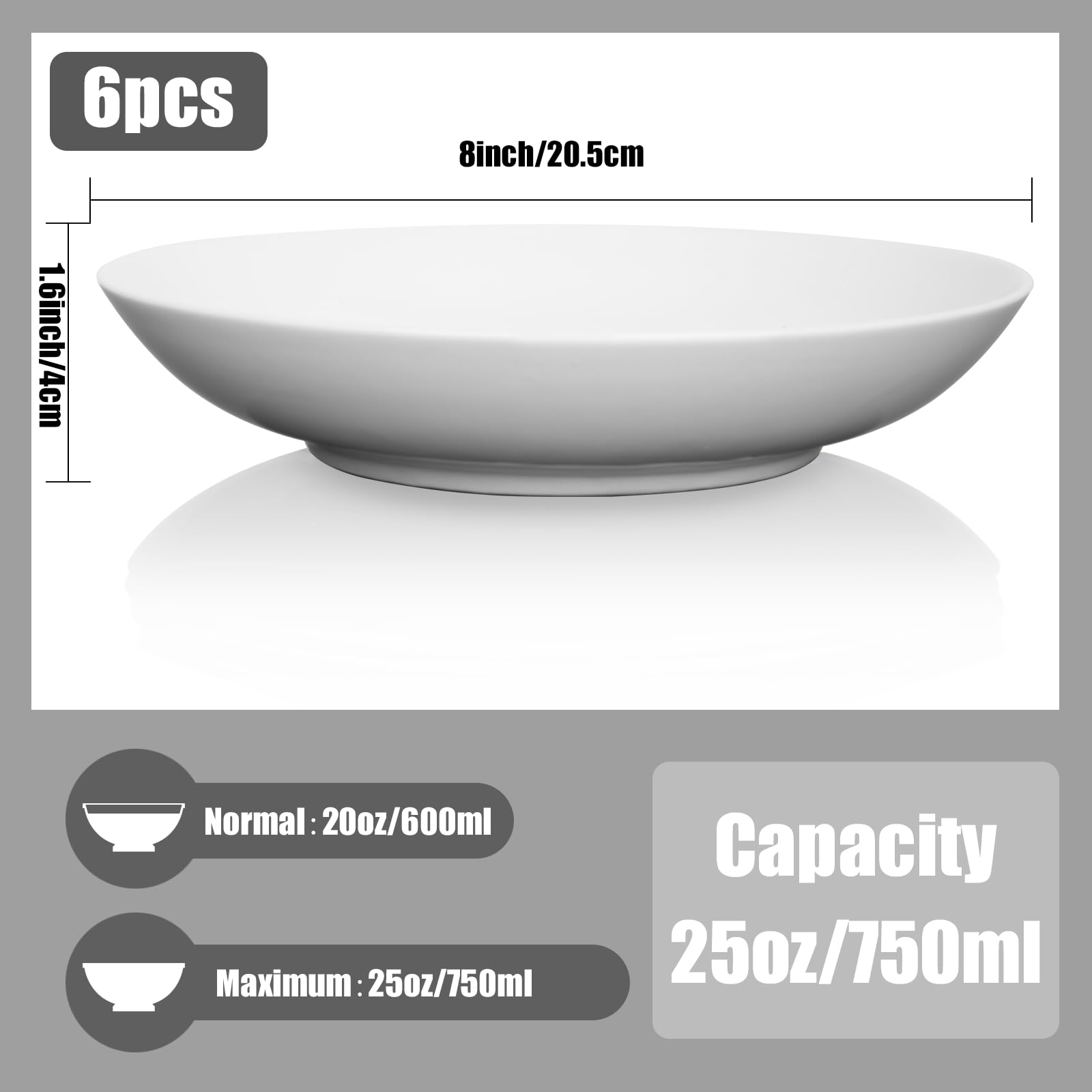 Suppenteller Keramik, 6Teilige 750ml Pastateller Medium, Tiefe teller Set, Frühstücksteller, Salatteller, Speiseteller, Dessertteller, Mikrowellenfest, Weiß Porzellan Φ20.5cm