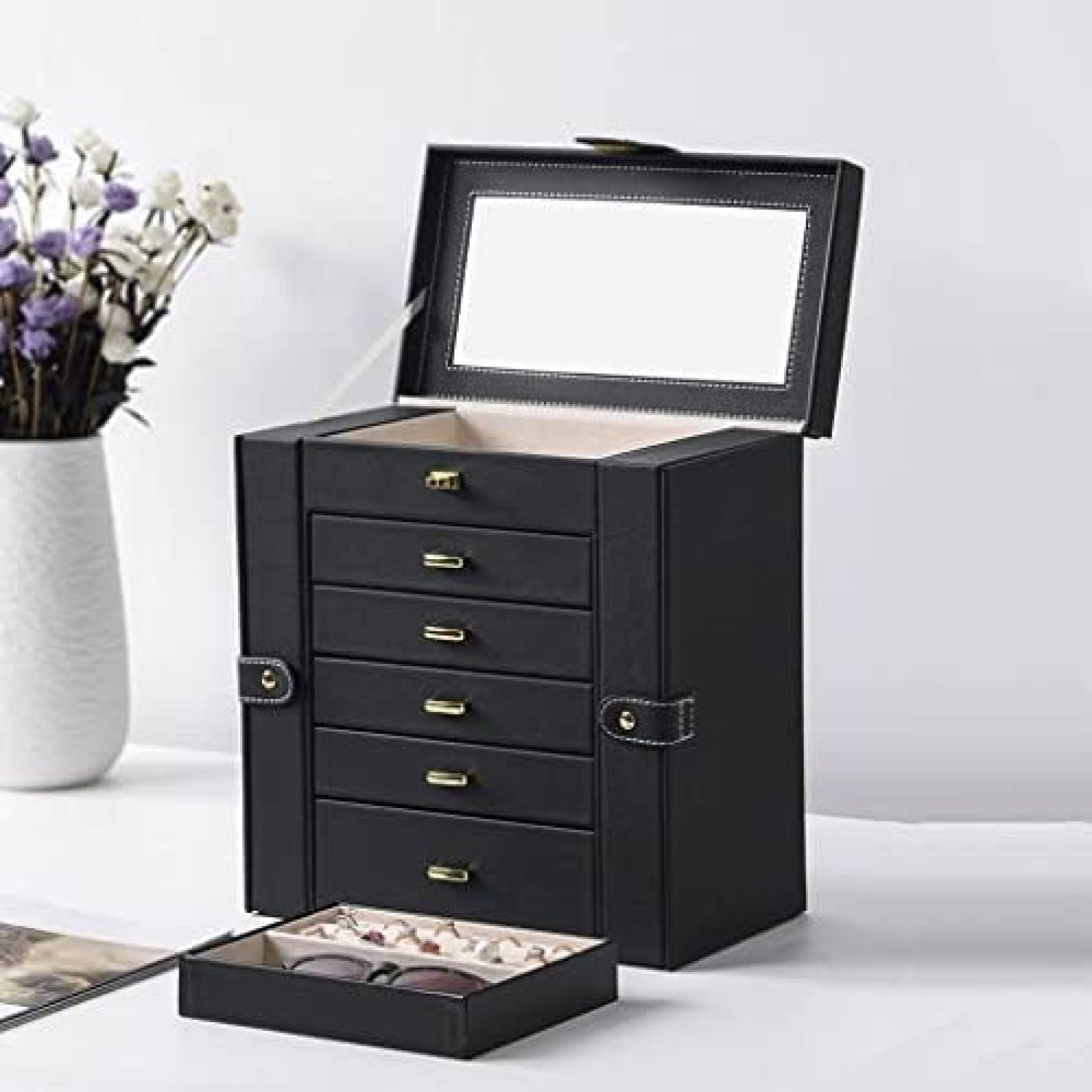 Die Große Schmuckschatulle, 6-lagig, Mit 5 Schubladen, PU-Leder, Schmuck-Organizer, Aufbewahrung Mit Spiegel, Schmucketui Für Frauen Und Mädchen, Geschenk,Weiss,Constructive23