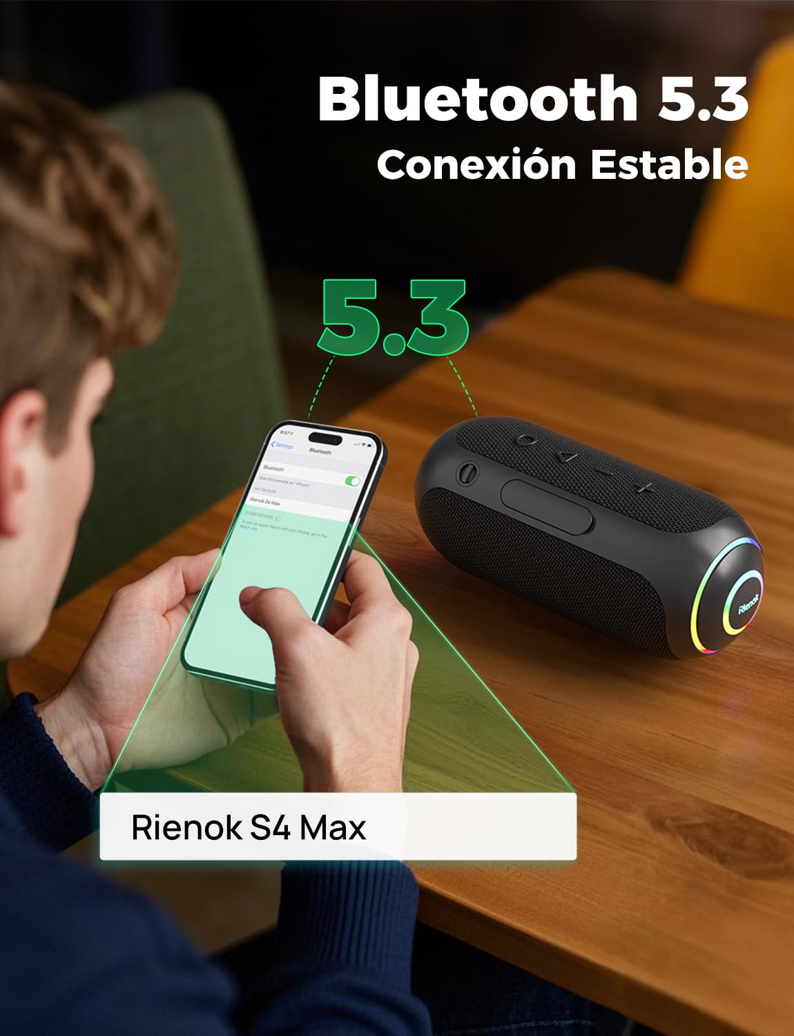 RIENOK Altavoz Bluetooth Potente 40W Impermeable IPX7 5200mAh Tweeter y Woofer Bluetooth 5.3 Portátil Inalámbrica Emparejamiento Estéreo Apoya Tarjeta TF, AUX
