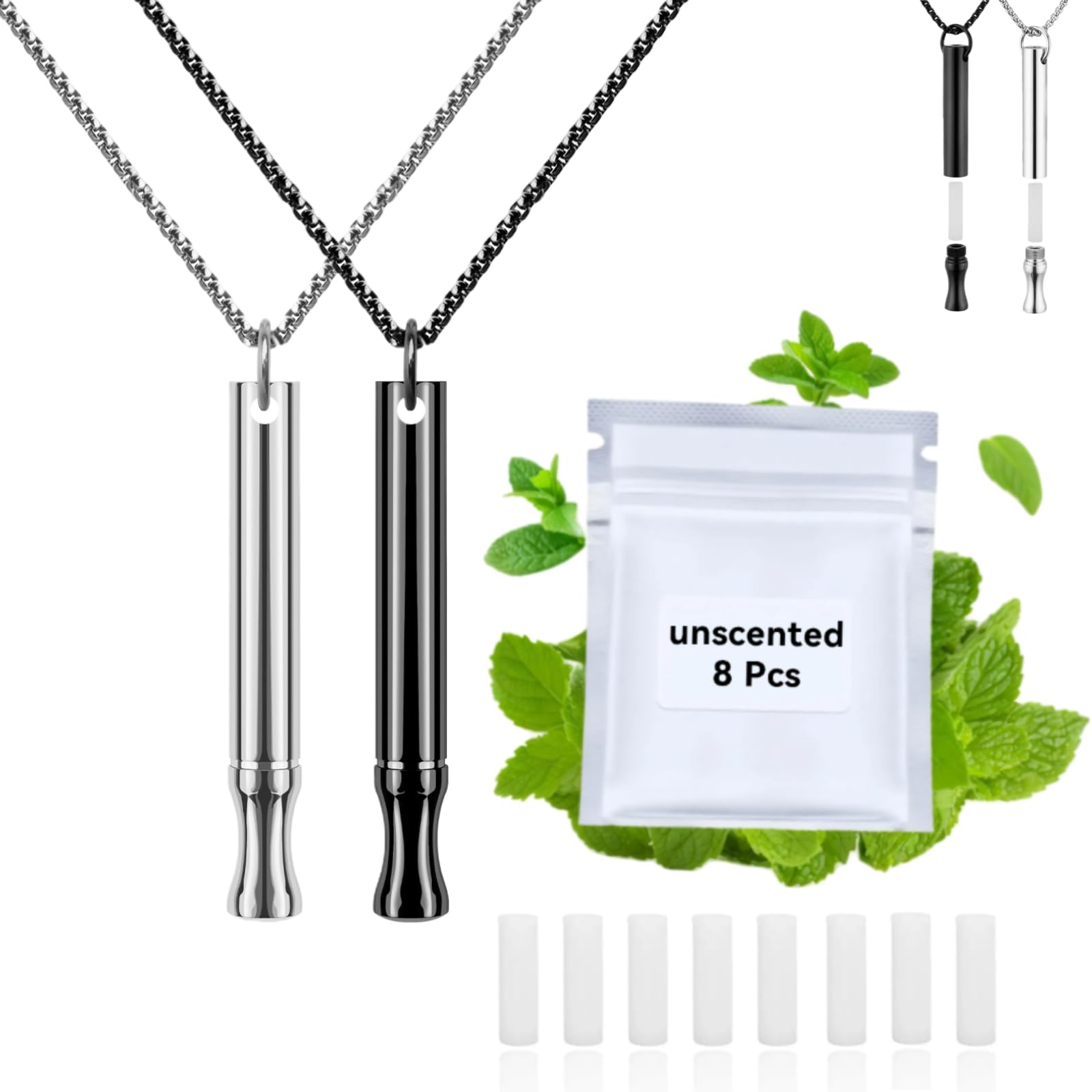 LAMKHOO 2 Pcs Breathing Necklace to Quit Smoking and Vaping - Refillable Essential Oil Diffuser, Fidget Necklace for Anxiety Relief, Smokeless Inhaler with 8 Cotton Pods