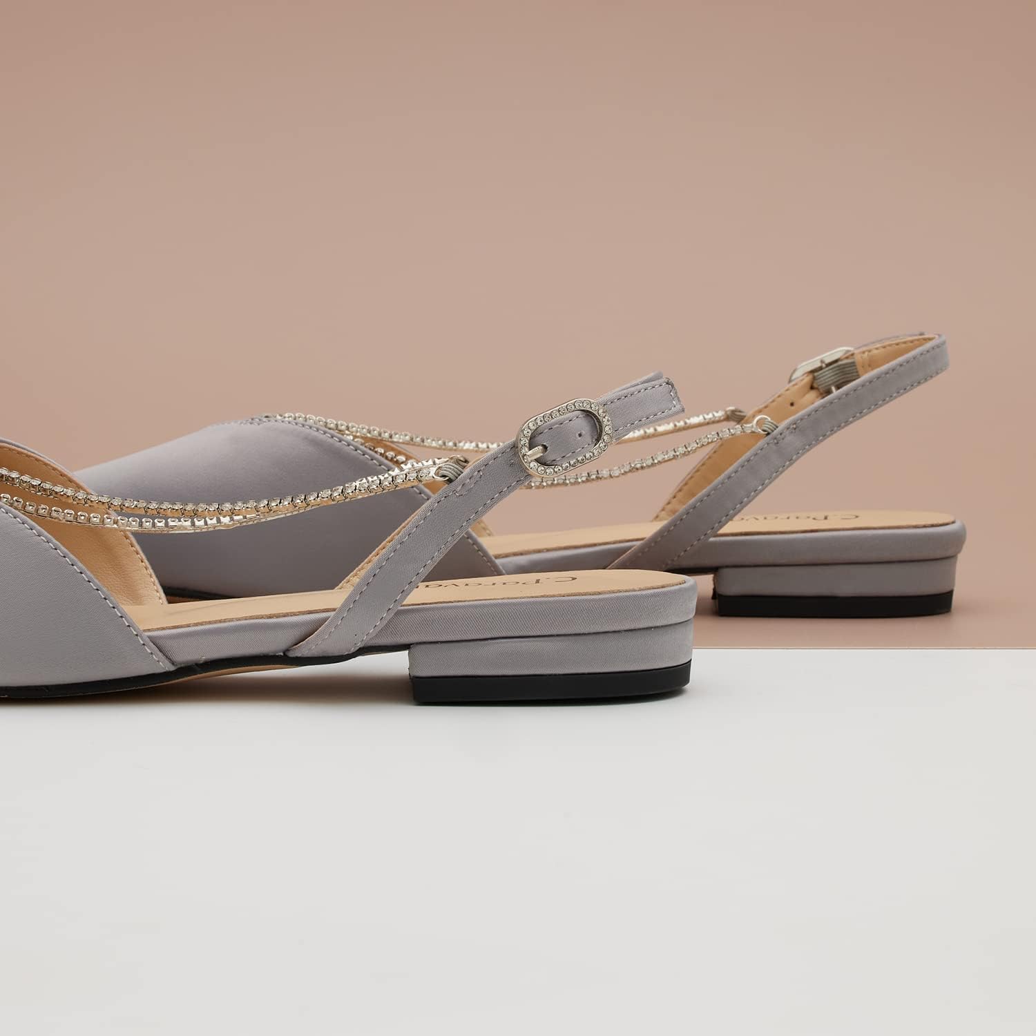 C.Paravano Women's Slingback Flats | Pointed Toe Flat Shoes | Slip on Crystal Dress Shoes | Comfort Ankle Strap Sandals (Size 10.5,Grey Flat) - Image 4