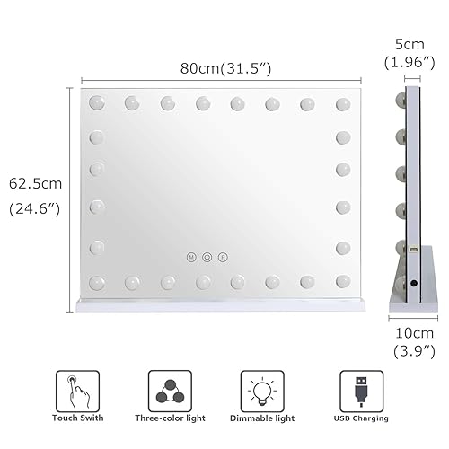 Miniatura 4 de LilyHome Espejo de tocador de 31.5 x 23.6 pulgadas, espejo de maquillaje con luces, 10 espejos de tocador grandes iluminados Hollywood con 24