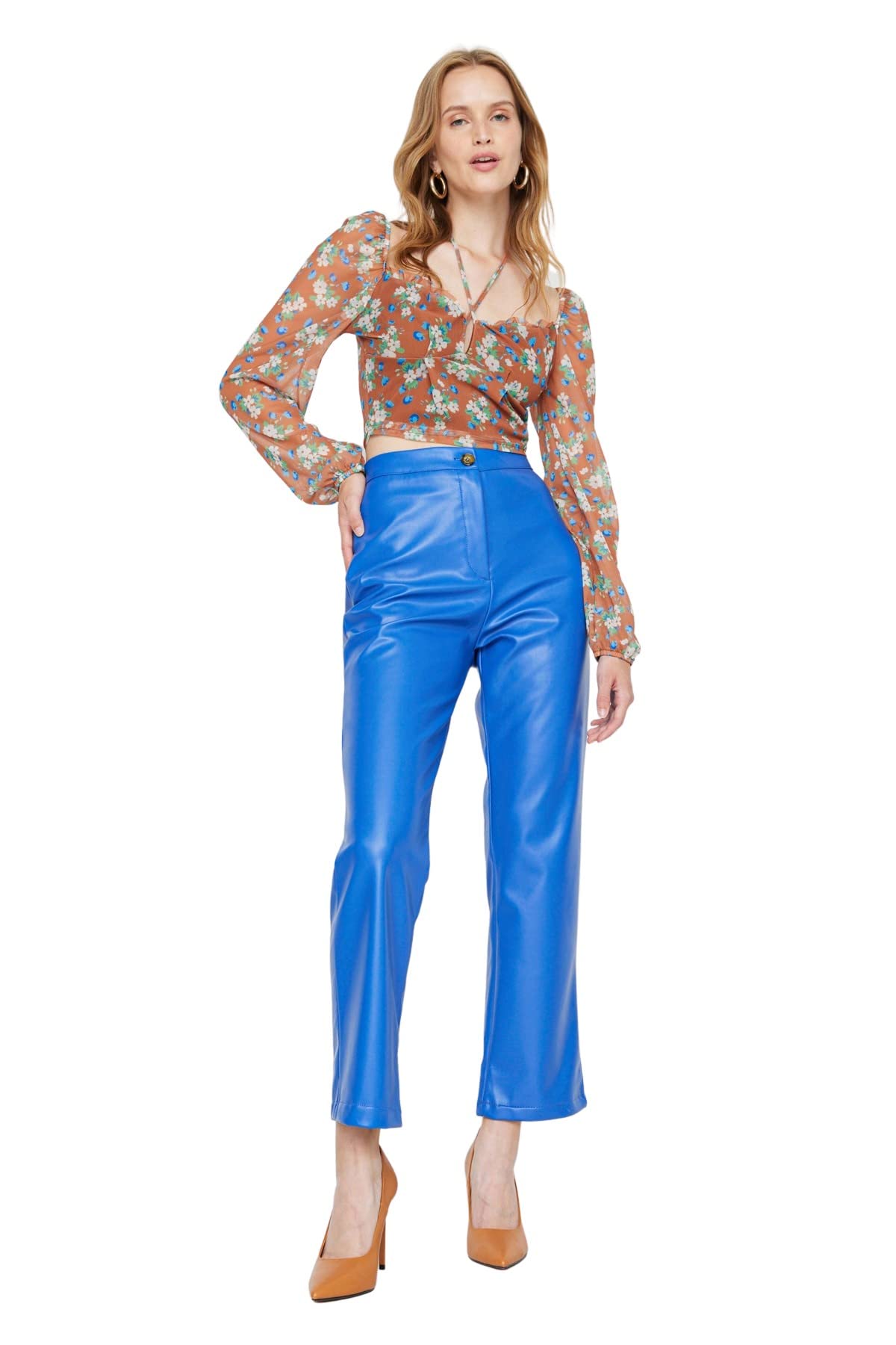 Trendyol Women's Blau High Waist Straight Leg Flare Trousers