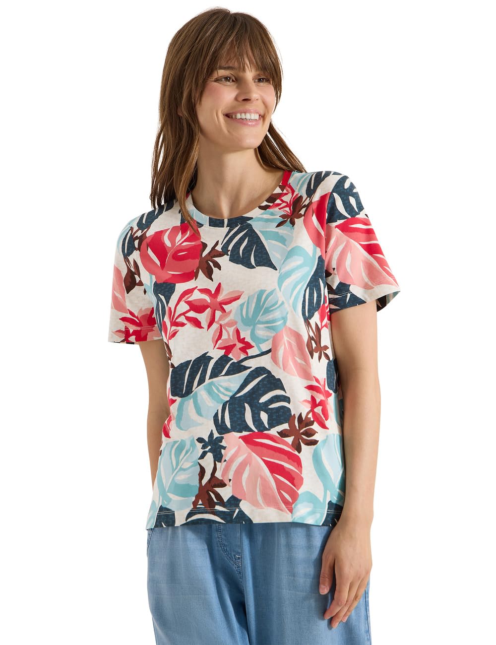 Cecil Women's 3230397 T-Shirt with Crew Neck and Leaf Print (Pack of 1), Light Alabaster White, XXL