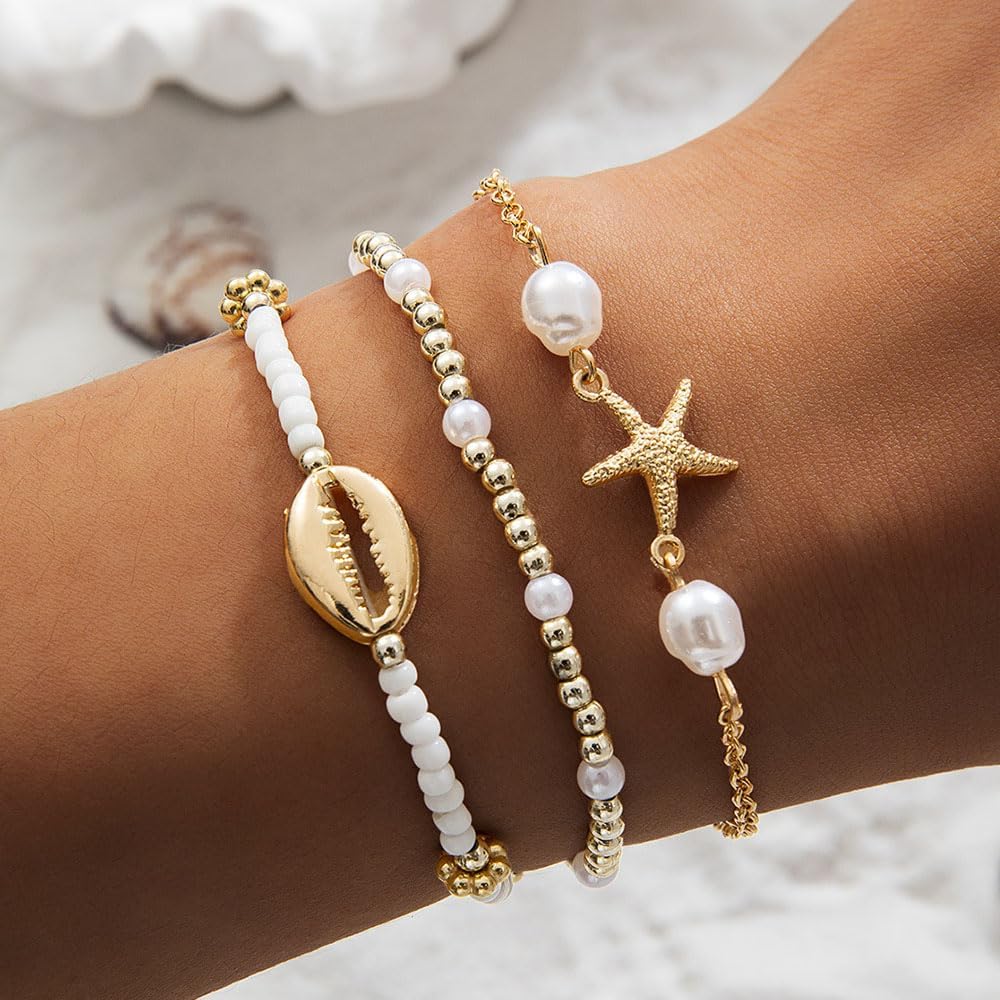 Beach Jewelry Accessories for Women,Trendy Gold Seashell Starfish Bracelet Set Charm Pearl Beaded Layered Bracelets,Boho Stackable Stretch Bracelets - Image 3