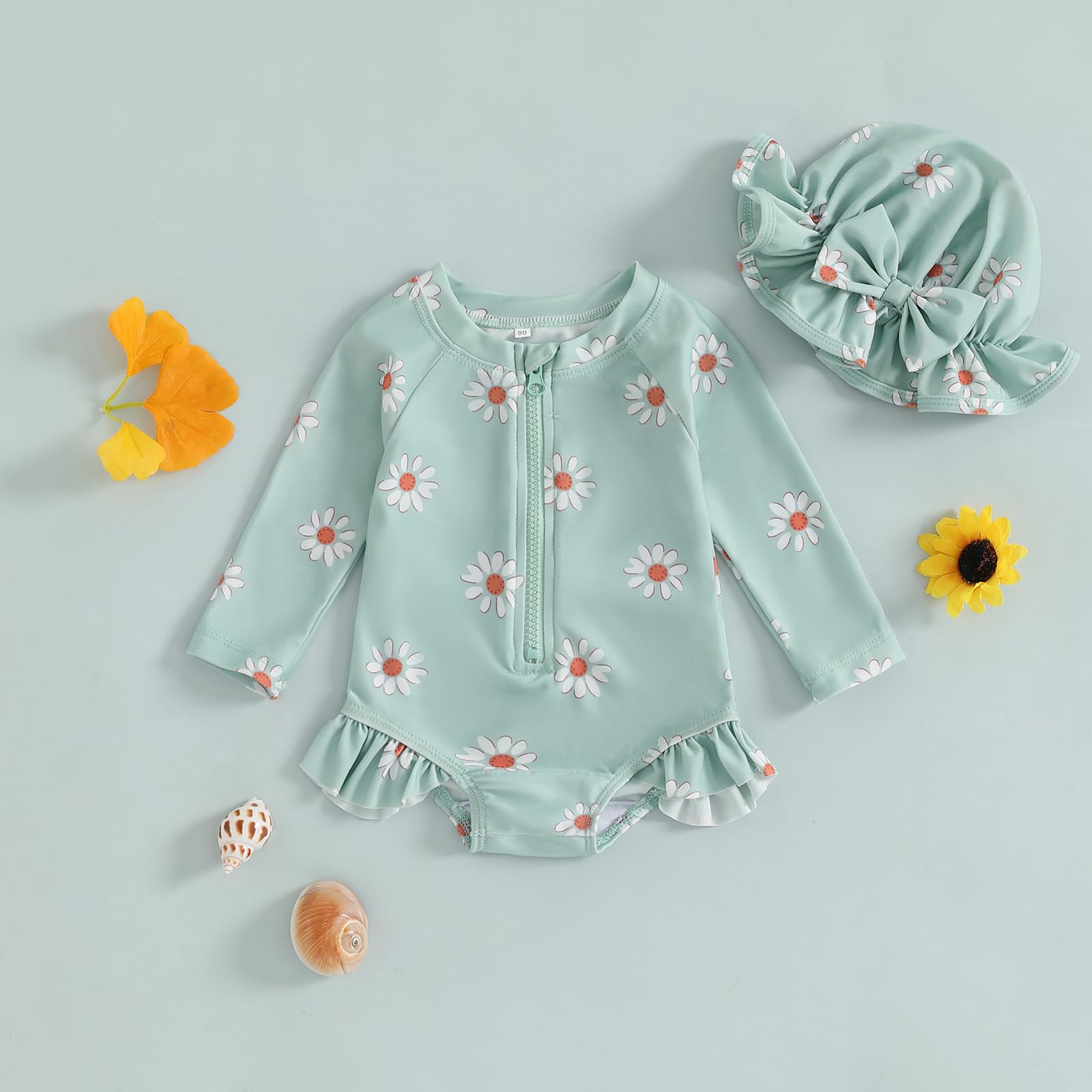 YILEEGOO Toddler Baby Girl Swimming Costume with Hat Long Sleeve Zip Up Floral Ruffle Swimsuit Girls One Piece Swimwear Bathing Suits Summer Beachwear