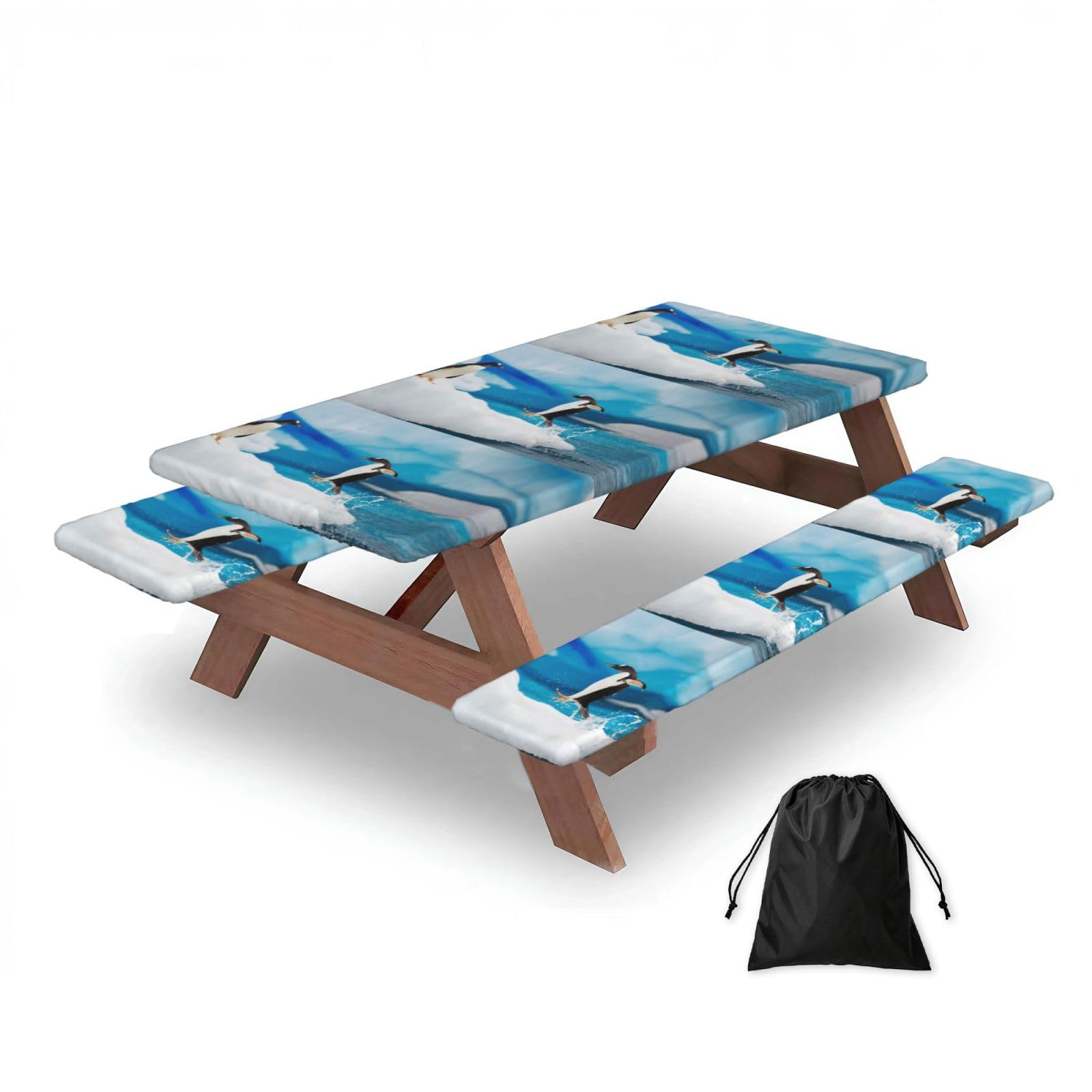Dopklna As Picture Penguin Printed, Picnic Table Cover With Bench Covers -Waterproof Elastic Fitted Tablecloth For Garden Camping Patio 76X152cm