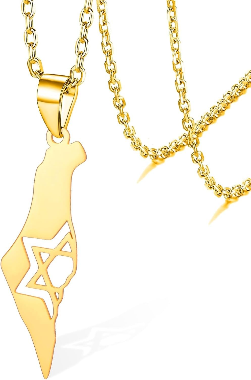 HURUMA Women Men Stainless Steel Map Necklace Star of David Israel Palestine Map Pendant Hexagram Magen David Jewish Jewelry Peace Symbol Collar Chain, gold israel map necklace