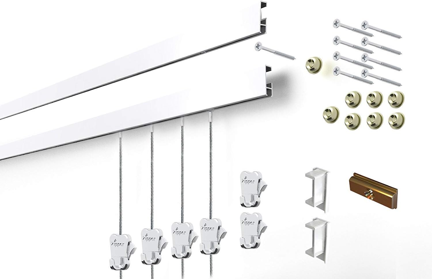 STAS Clip Rail Complete Art Hanging Gallery System with 2 59" Aluminum Tracks, 6 Hooks, 4 Steel Cables and Installation Hardware