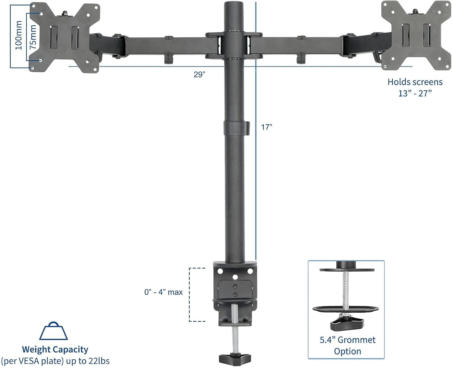 VIVO 2 Quick Attach VESA Adapters Designed for HP Models 27er, 27es, 27ea, 25er, 25es, 24ea, 23er, 23es, 22er, 22es, 22f, 23f, 24f, 25f, and 27f with Dual Monitor Desk Mount for 13 to 27 inch Screens