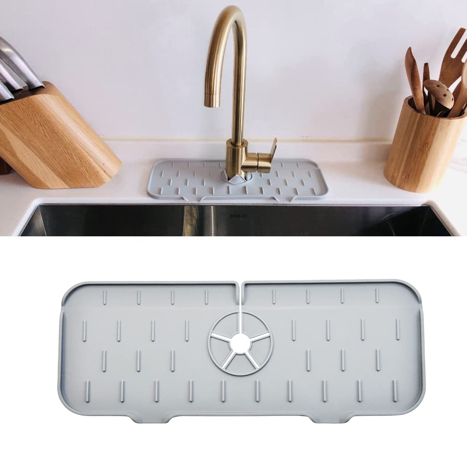 SamjoyThicker Silicone Sink Faucet Pad, Silicone Faucet Drip Catcher Tray, Drip Protector Splash Guard Rubber Drying Mat for Kitchen Bathroom Bar Countertop (Grey, 1), PS-003