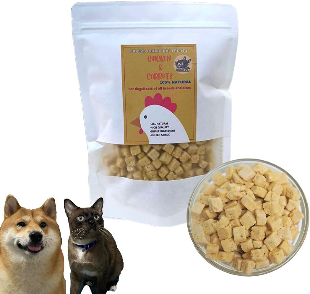 Ohmypet - Freeze Dried Chicken Breast - Premium Dog and Cat Treats - Cube/Diced Ridgepole Snacks - Made from Real Chicken / Chicken and Carrot Flavor