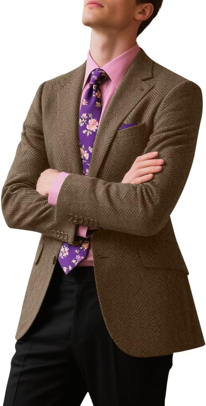 Tweed Men's Suit Jacket Blazer Wool Blend Formal Prom Dinner Herringbone Tuxedo Jackets Blazers Business Suits Separates Sport Coats for Men Brown 2XL - Image 7