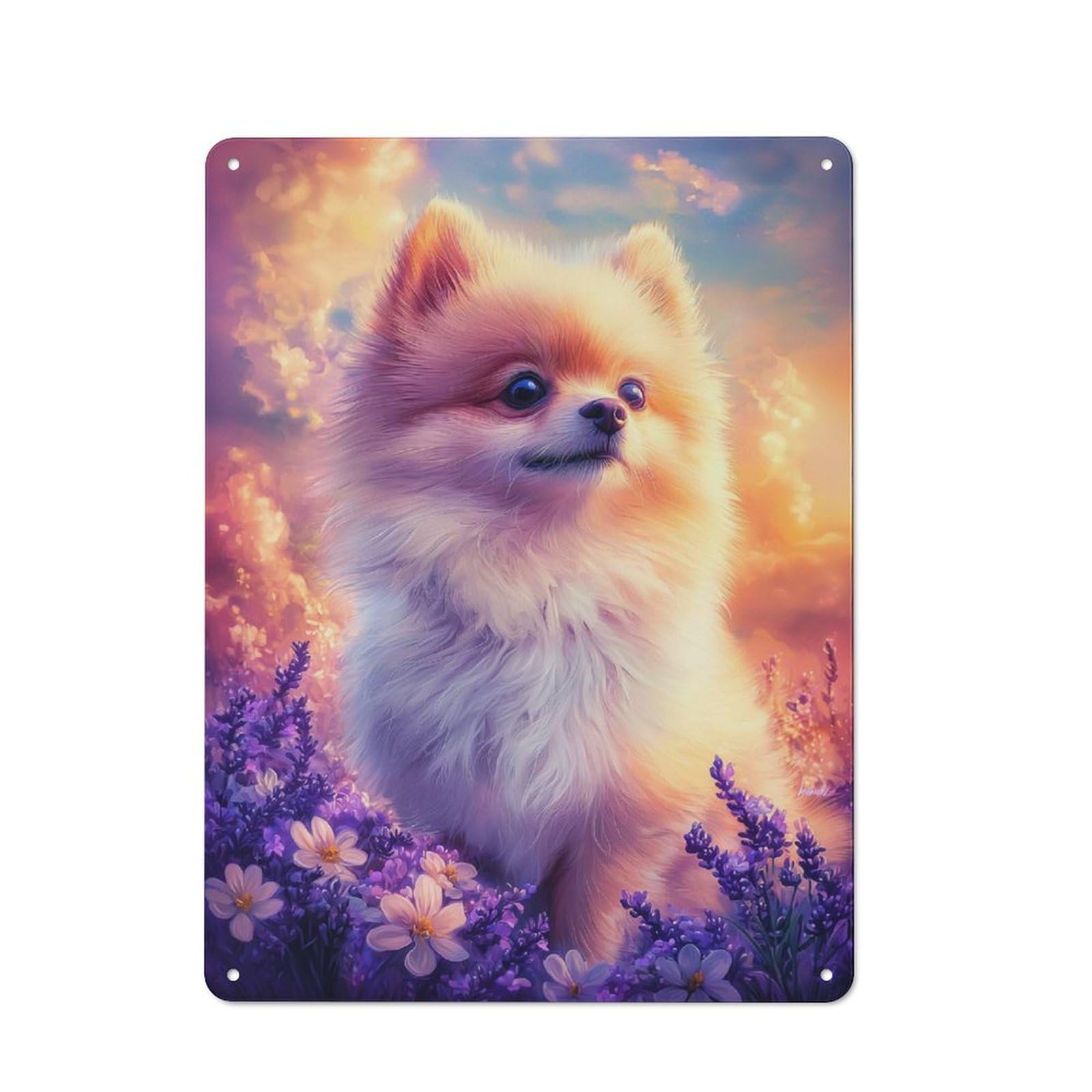 Junmoney Style-11 Shed Style Decorative Metal Plaque 40X30cm Featuring Pomeranian Puppy In Lavender Field, Porch Wall Decor For Patio Bar, Workshop, Shed Or Kitchen