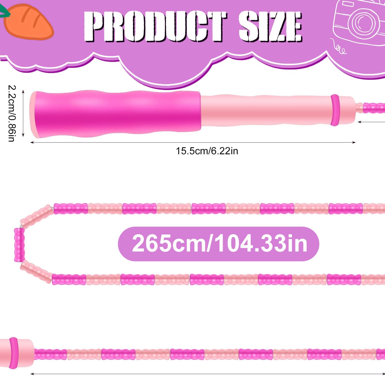 24 Pack Springseil Kinder, Weiche Perlen Springseil Verstellbar, Bunte Springseile mit Anti-Rutsch-Griffen für Indoor & Outdoor Fitness, Workout, Gewichtsverlust, Spiele & Spielzeit
