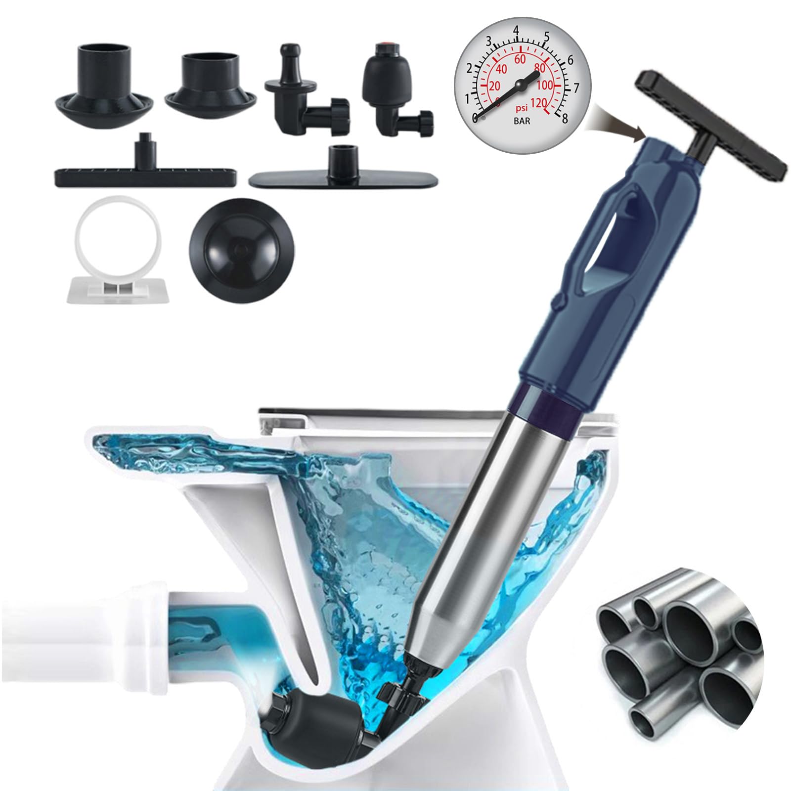 Wenbones Pompa Stura scarichi a Pressione, Stantuffo per WC ad Aria Compressa, Pressione Nuovo Multifunzionale, Sturalavandino ad aria Compressa, per WC, Lavandino, Bagno (2025 Migliorata Blu)