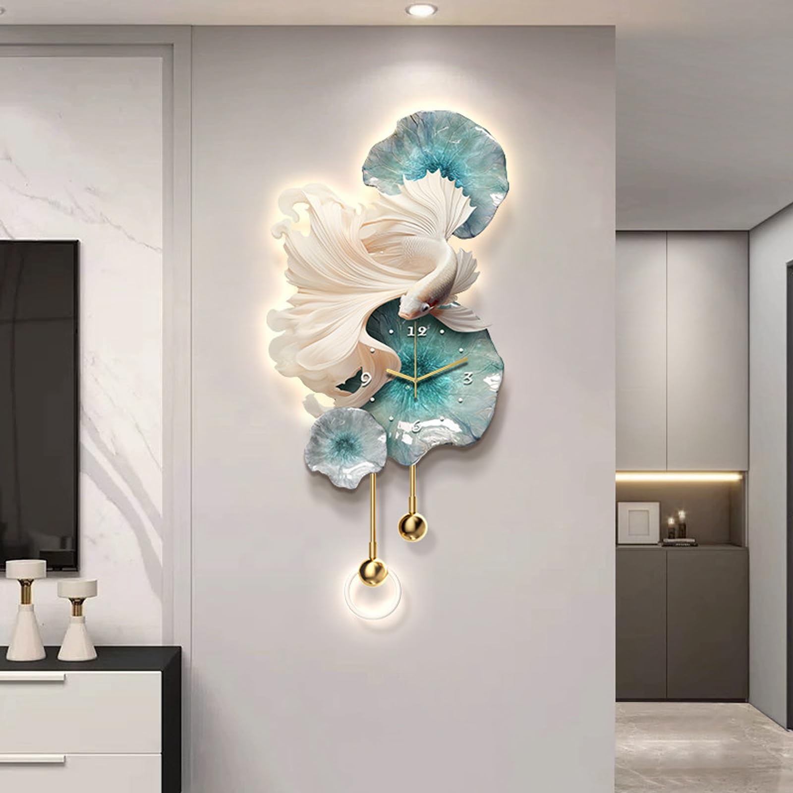 ITOSUI Large Decorative 3D Wall Art Clock with LED Light,Koi Fish Creative Wall Sculptures,Silent Wall Clocks,for Living Room Bedroom Kitchen Office Decor(Blue B,15.7 * 33")