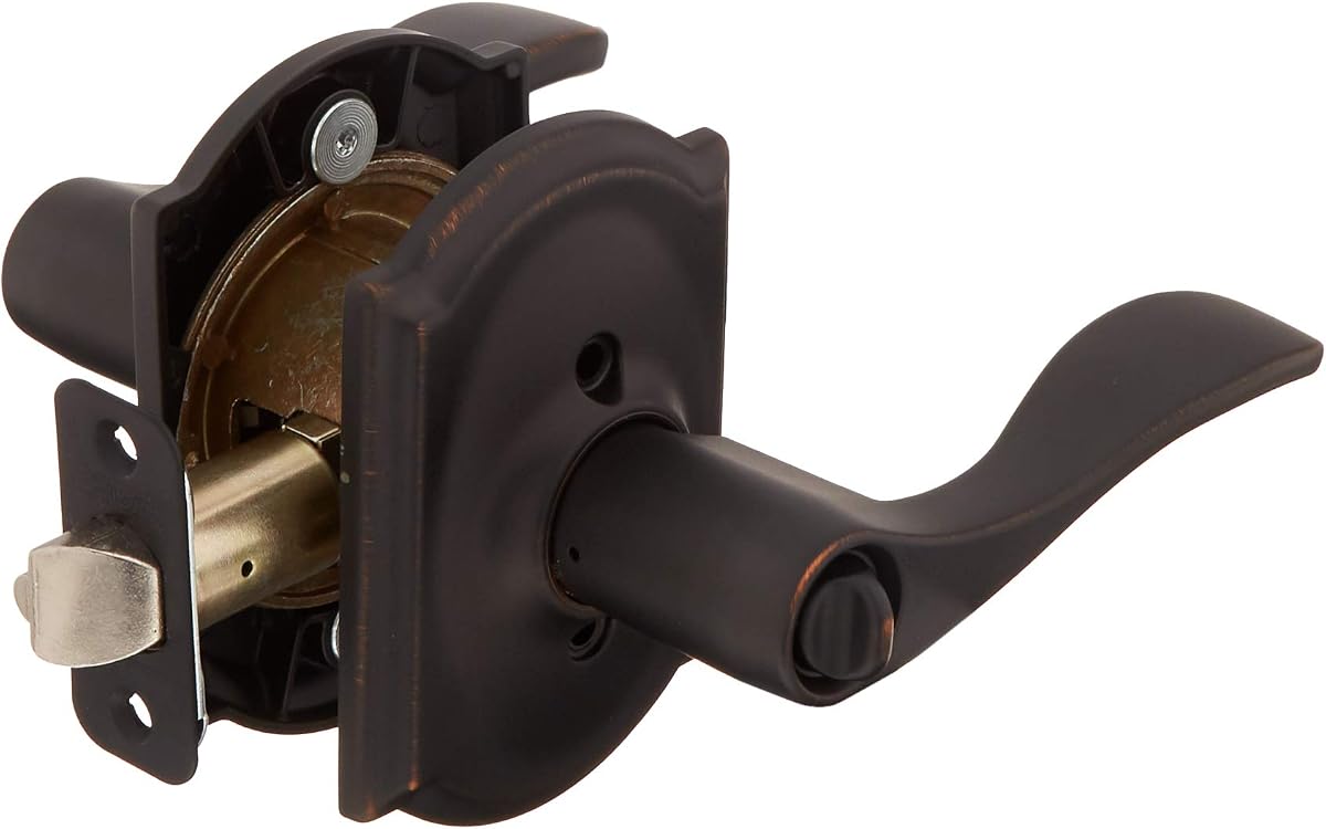 Manija de puerta de entrada con llave decorativa SCHLAGE, reversible, bronce envejecido | Manija de puerta con palanca de entrada con llave y cerradura con botón giratorio, Fácil de instalar, Seguridad y durabilidad certificadas, Ajuste universal, 2 llaves
