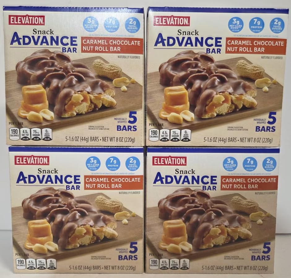 Elevation Caramel Chocolate Nut Roll Bar Snack Advance Bar 8oz 220g (Four Boxes)