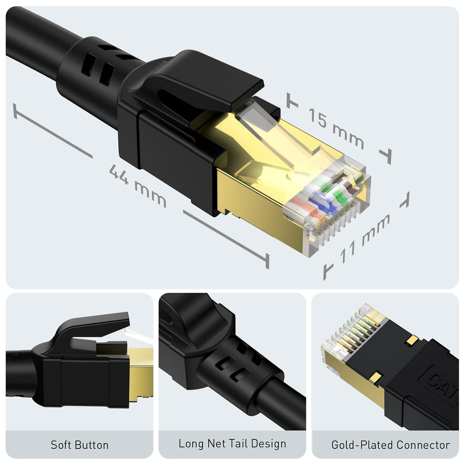 BUSOHE Cavo Ethernet Cat 8 da 15,2 m, ad alta velocità, 40 Gbps, 2000 MHz, cavo Cat8 con connettore RJ45 placcato oro, cavo di rete LAN resistente S/FTP