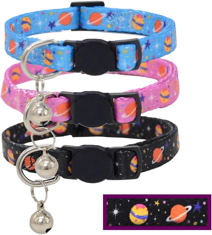 3PCS Breakaway Cat Collars with Bells Galaxy Pattern Adjustable Safety Puppy Collar Black Blue Purple