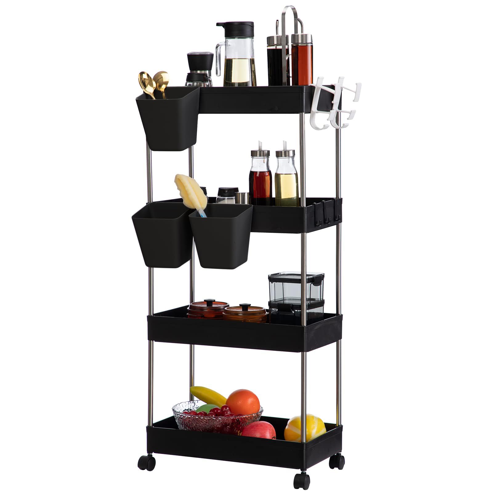 DOEWORKS Storage Trolley Cart, 4-Tier Storage Cart with Wheels Rolling Utility Cart with Hanging Cups Multi-Purpose Storage Shelf Rack for Kitchen Bathroom Bedroom Office, Black