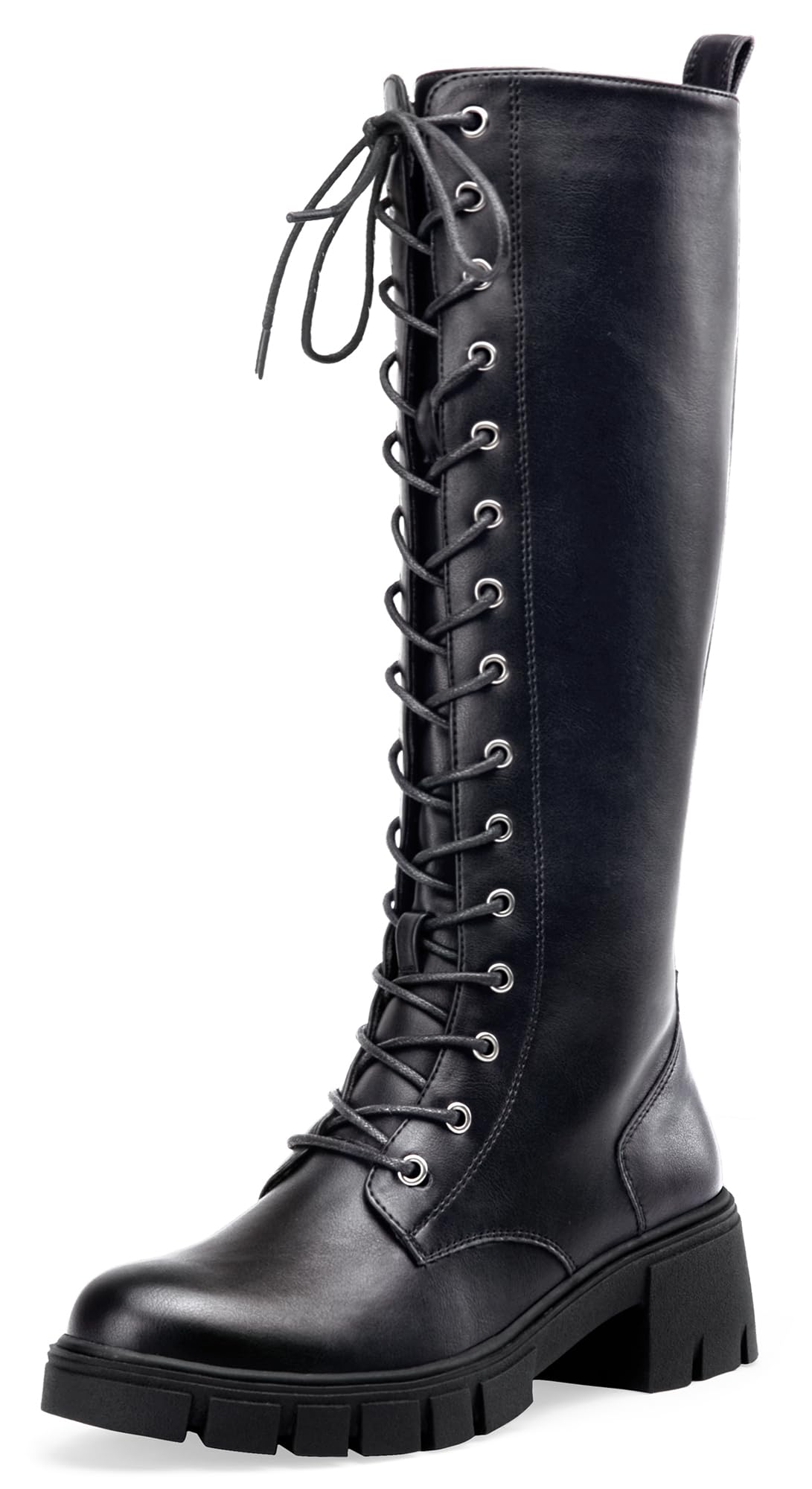 Photo 1 of Jeossy Women's Knee High Combat 9603 Boots, Tall Platform Chunky Heel Boot with Lace, Synthetic Leather Long Comfy, Round Toe Boot with Zipper, Black Pu, Size 9(DJY9603 blackpu 09)