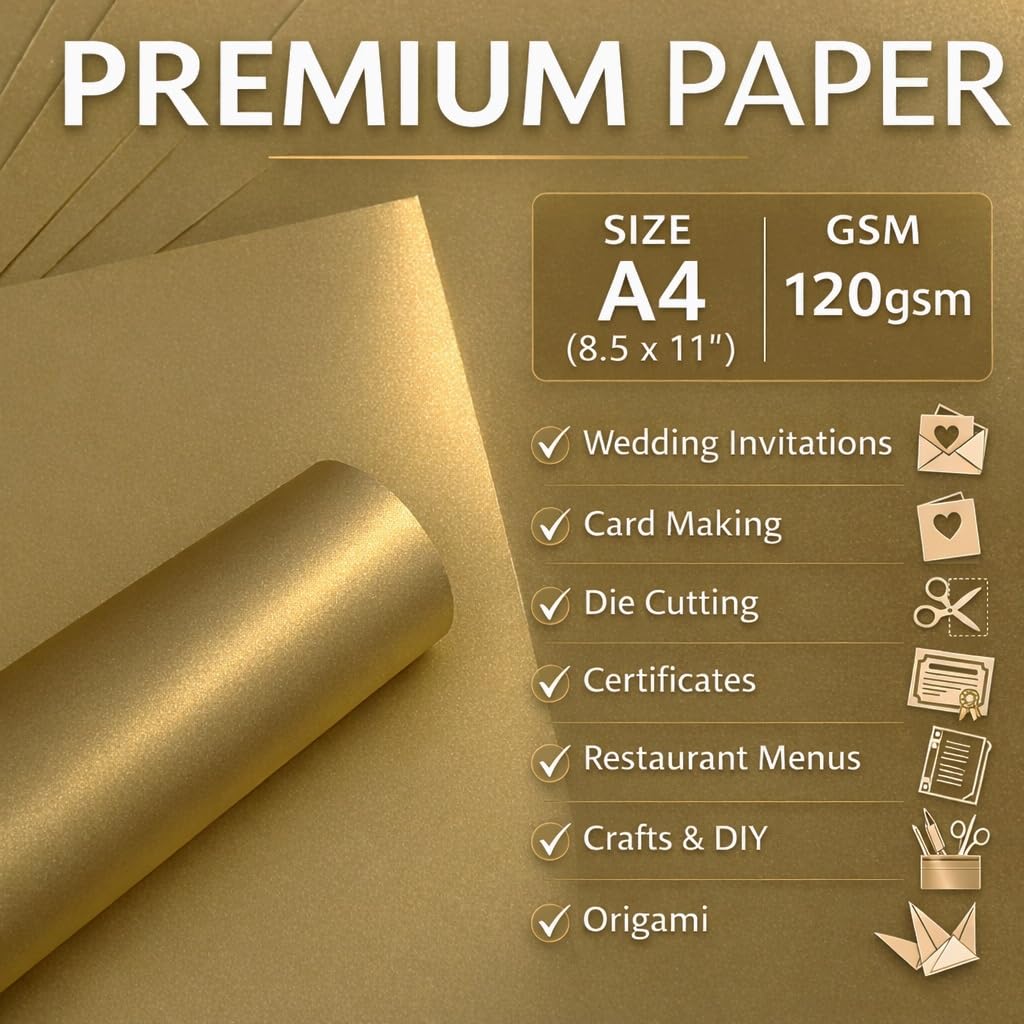 Fogli di carta dorati, formato A4, perlati, 120 g/mq, doppio lato, adatti a stampanti laser e a getto d'inchiostro