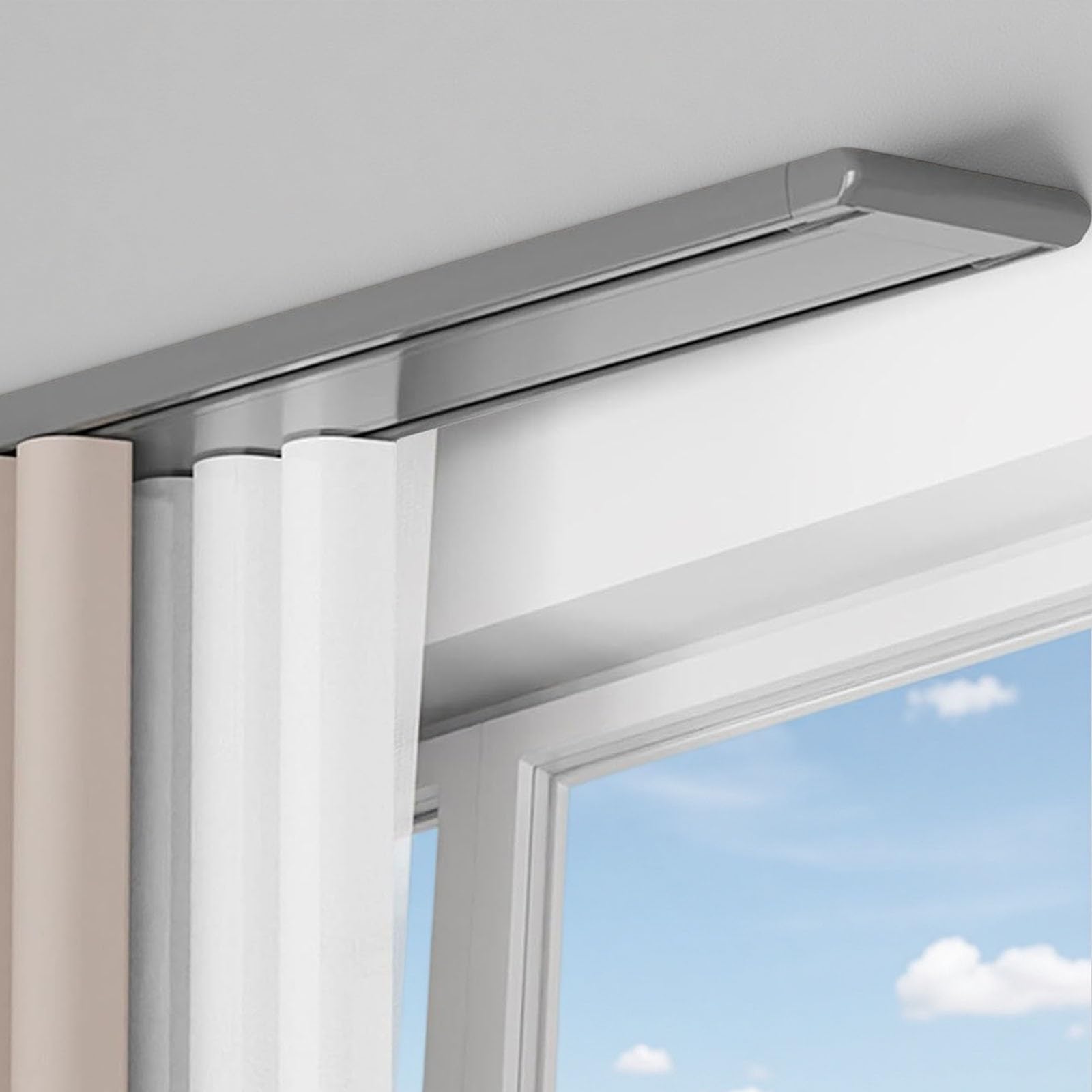 Double Row Ceiling Curtains Track Cuttable Double Row Ceiling Curtain Track Set Modern Black White Grey Aluminum Track Rail for Sheer and Blackout Curtains Hardware Track(Gray,5.5m(18ft))