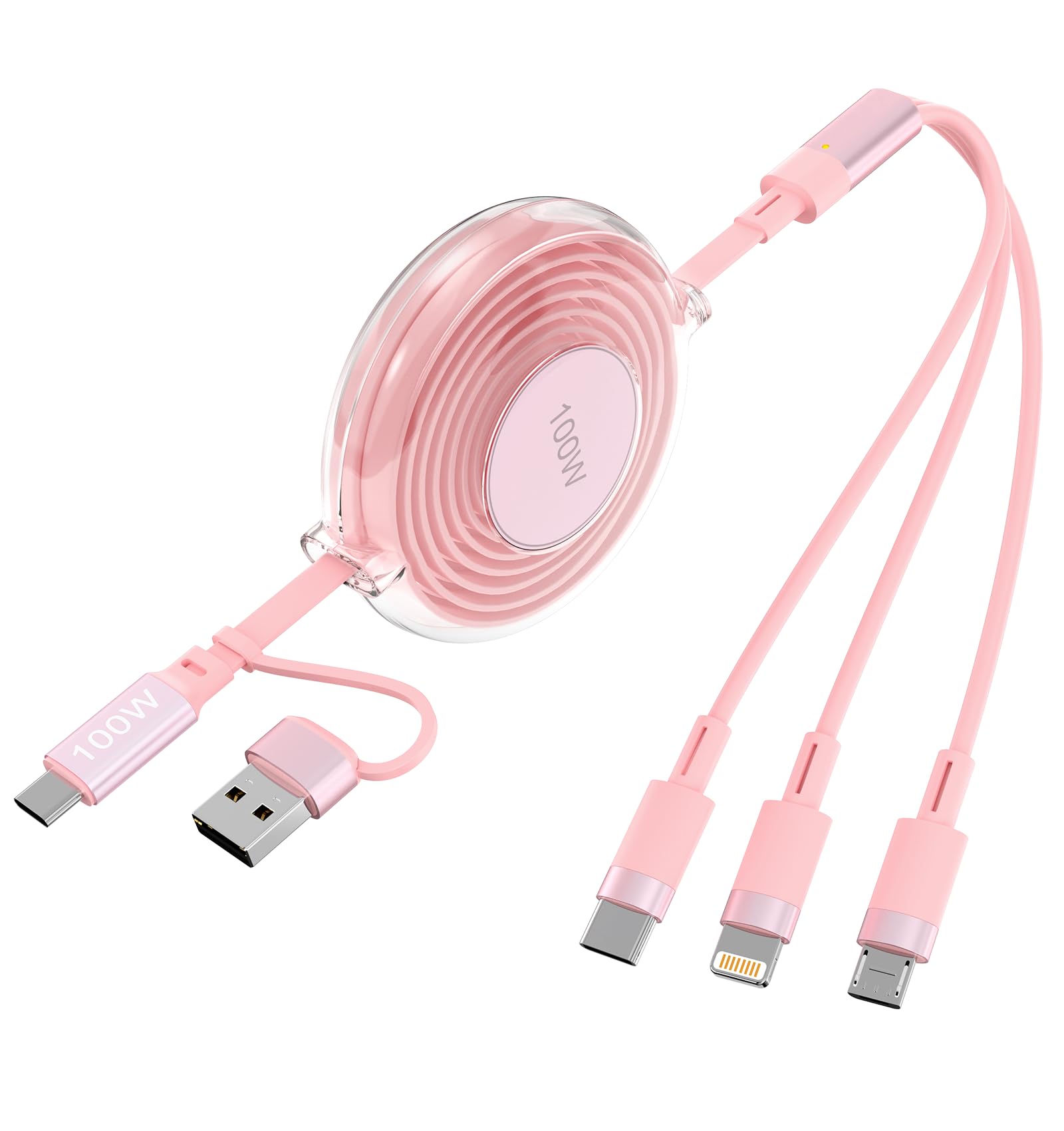 3-in-1 Retractable Multi Charging Cable, 100W Fast Charging USB-C/A to Lightning/USB-C/Micro USB Phone Charger Cord for iPhone 16/15, Samsung, MacBook