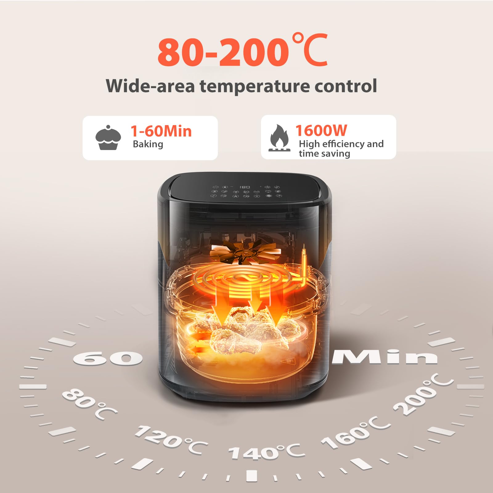 Aigostar XXL Heißluftfritteuse 6,5L mit Sichtfenster, 1600W Airfryer, Touchscreen, 12 Programme + intelligentes Vorheizen, Kompakt Fritteuse ohne Öl, Antihaftbeschichtet, Schwarz