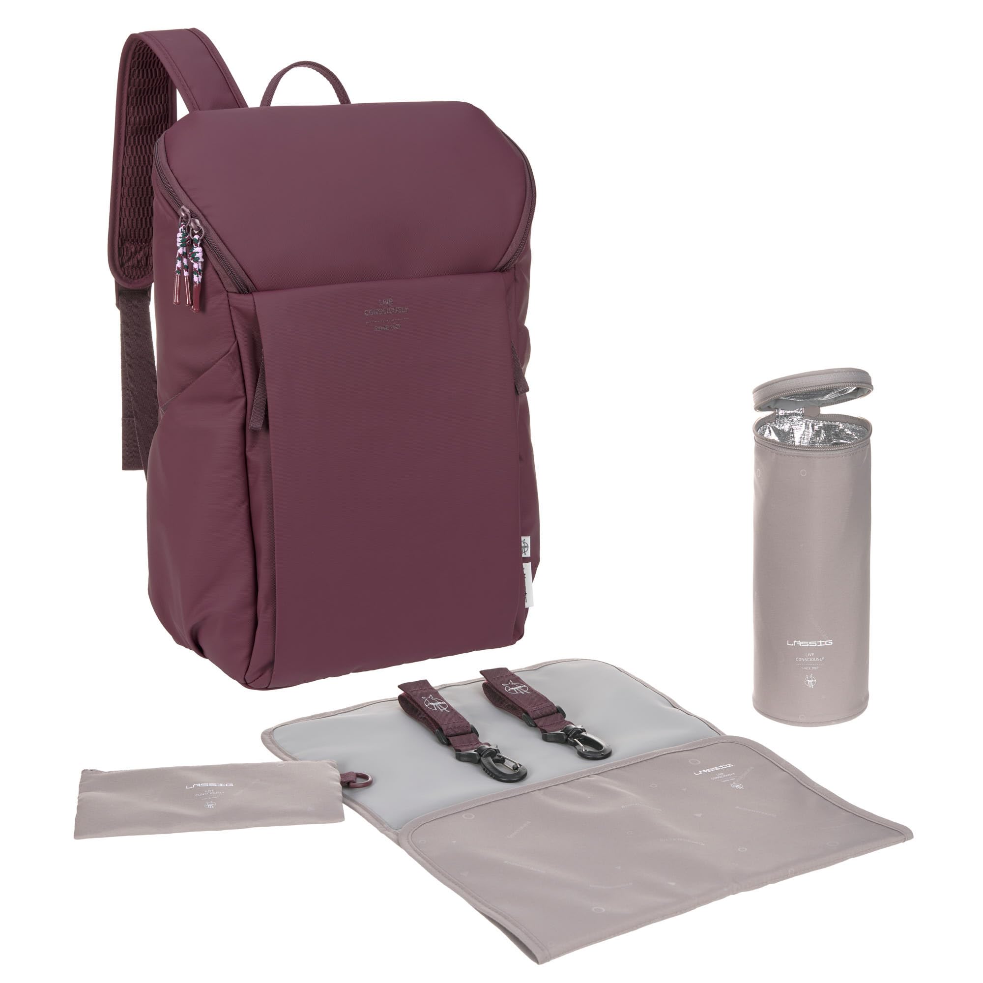 LÄSSIG Baby Changing Backpack with Changing Mat, Pram Attachment and Bottle Holder/GRE Slender Up Backpack Deep Red