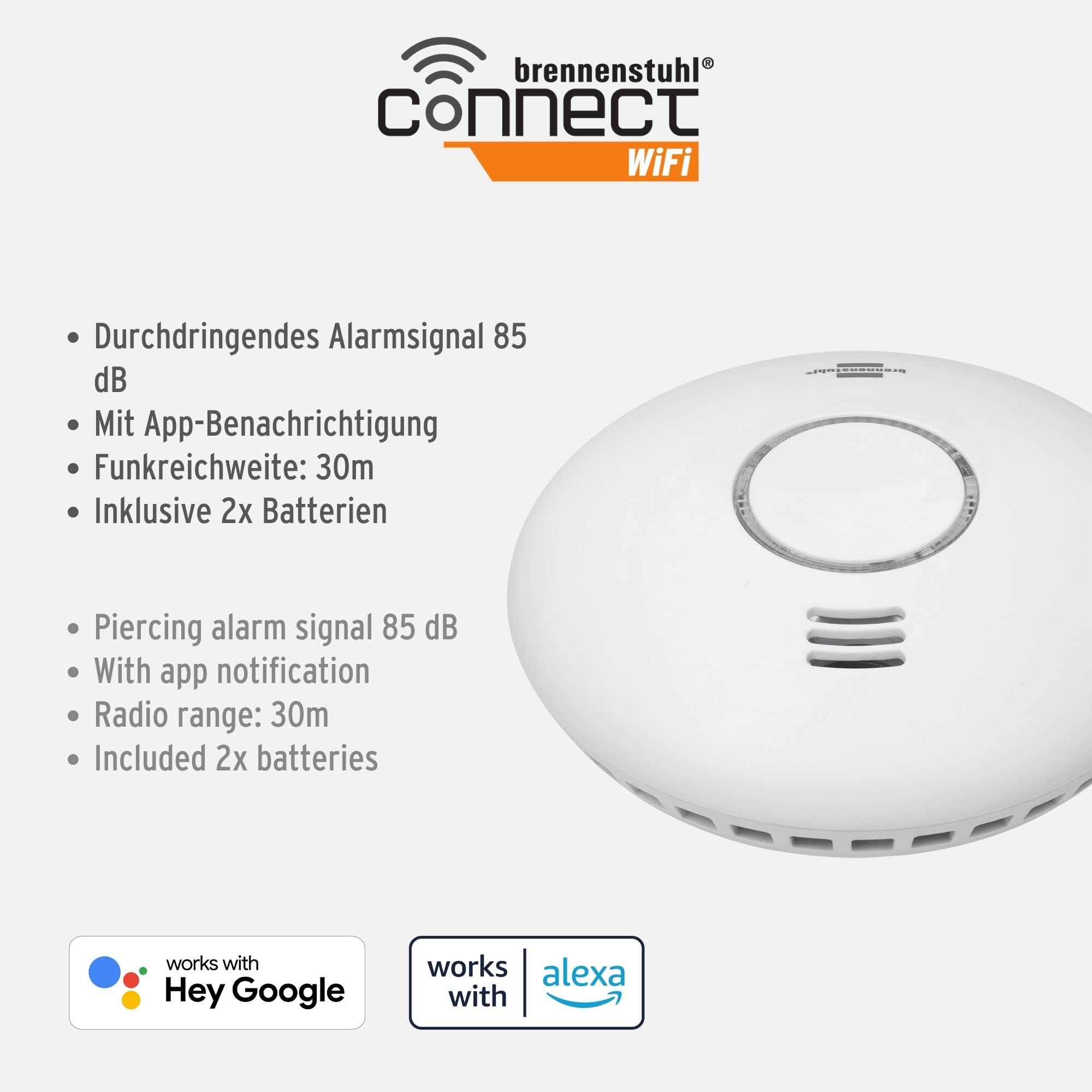 Brennenstuhl Connect Detector de Humo y Calor Inteligente WRHM01 con notificación de aplicación (Detector de Humo WiFi, Incluye 2X Pilas, Probado según EN 14604)