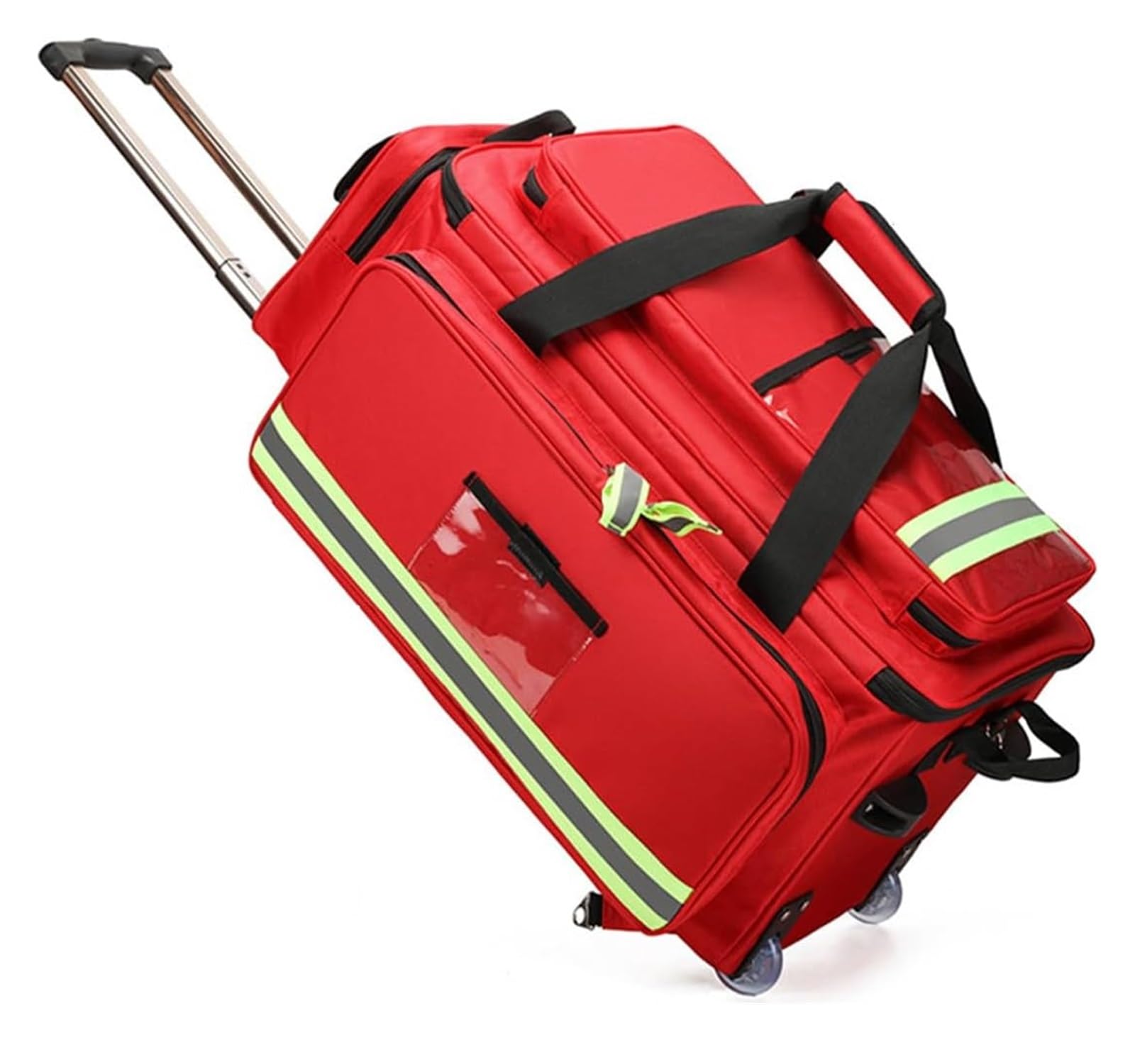 Maletín médico con ruedas y carrito desmontable, gran capacidad, interior multibolsillos, patas antideslizantes, bandas reflectantes, color rojo, botiquín de primeros auxilios portátil.