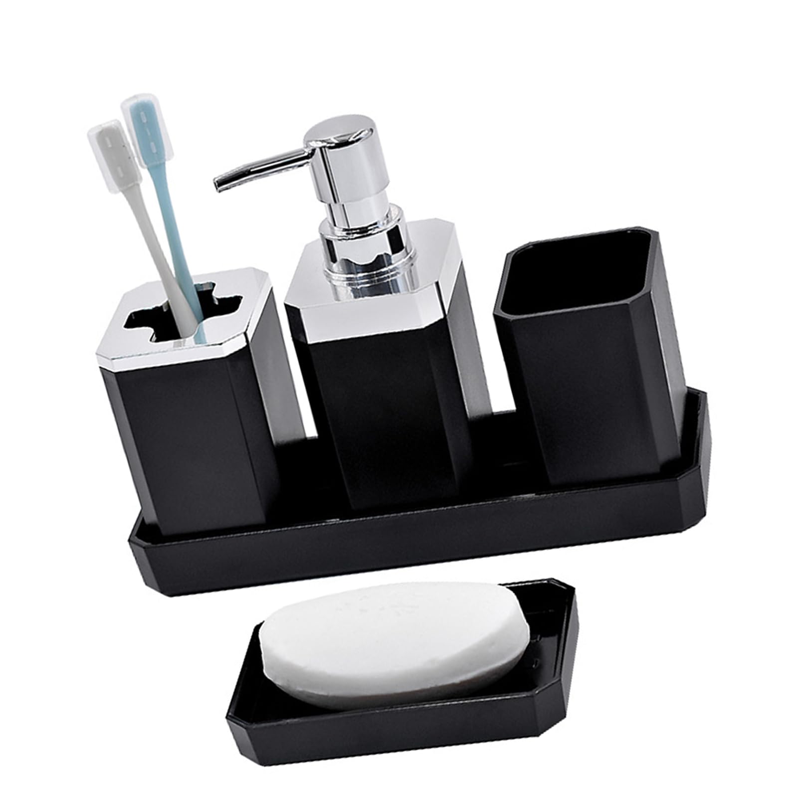 Nucelit 5Pieces Contemporary Bathroom Accessories Collection Soap Dispenser Toothbrush Holder Tumblers Vanity Tray Organizers Multipurpose Bathroom Holder
