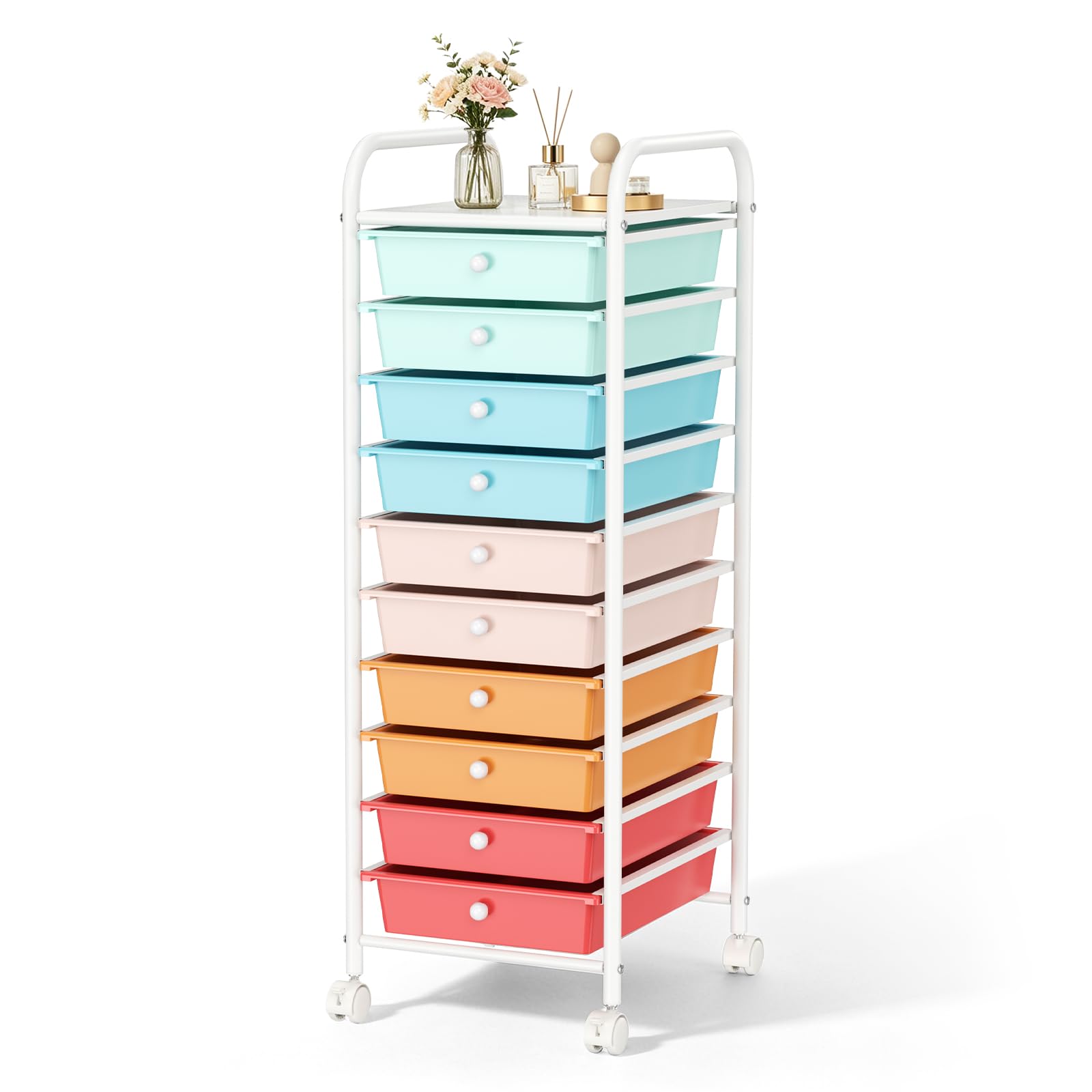 10 Drawer Storage Trolley, Rolling Utility Cart with Silent Swivel Wheels & Removable PP Drawers, 32.5 x 39 x 96cm, 10 kg Top Load Organiser, Narrow Vertical Storage for Home Beauty Salon Kids Room