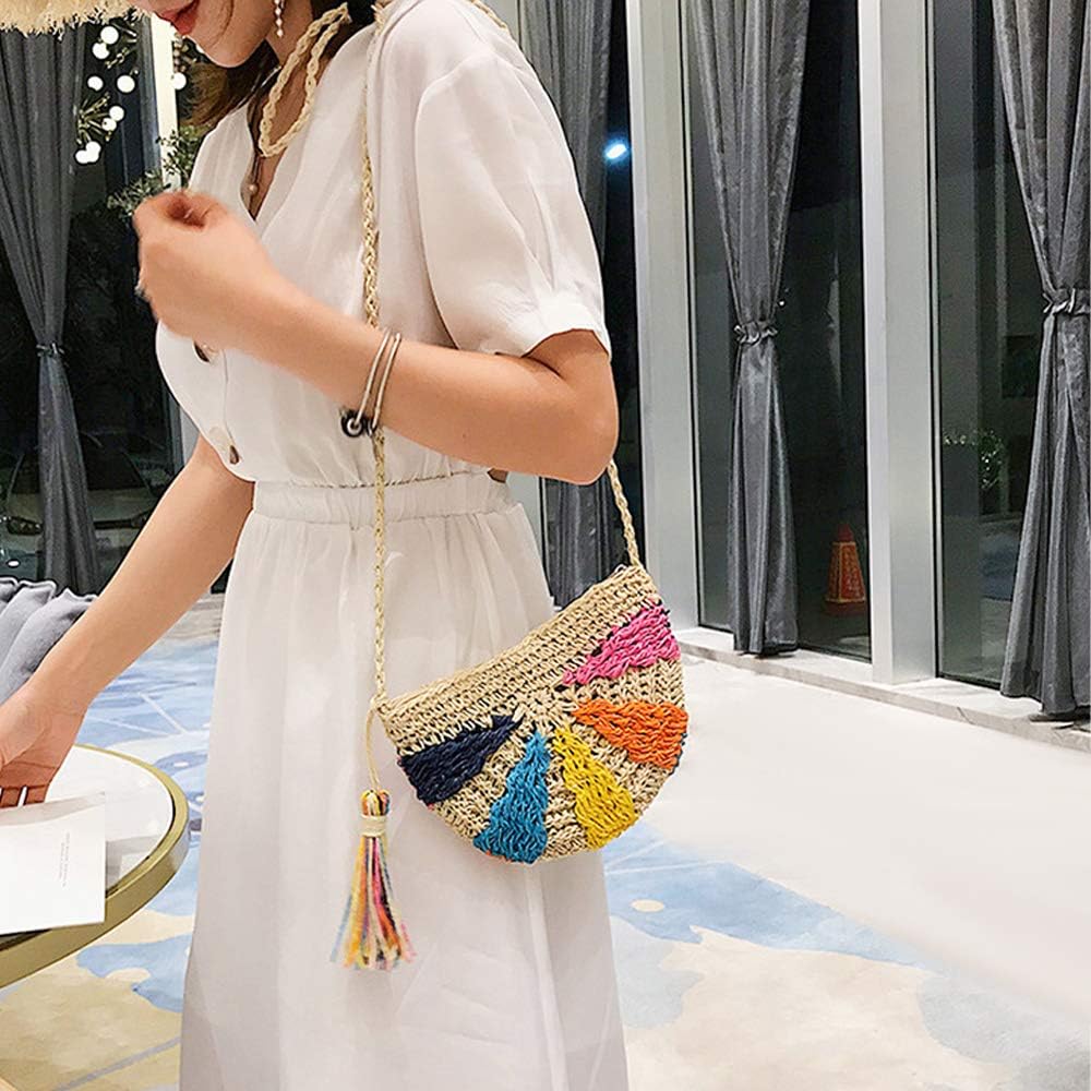 Boho Women's Summer Beach Colorful Straw Crochet Zipper Crossbody Bag Handwoven Shoulder Bag Purse with Colorful Tassels Decorate