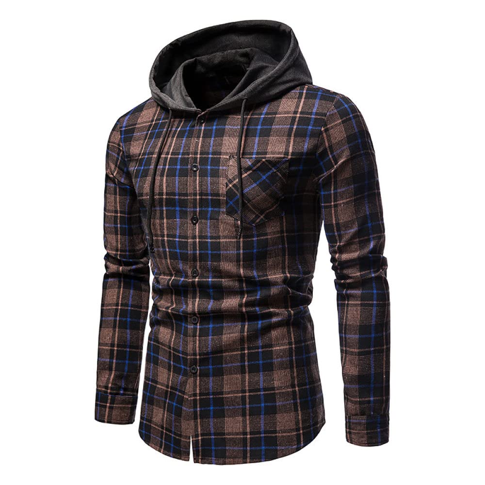 HGJH Herren Hemd Langarm, Herren Langarm Flanellhemd Thermohemd Schottenkaro Braun Kapuzenhemd Herren Holzfäller Bequem Karierte Hemdjacke Lässiges Arbeitshemd Für Herren Jungen
