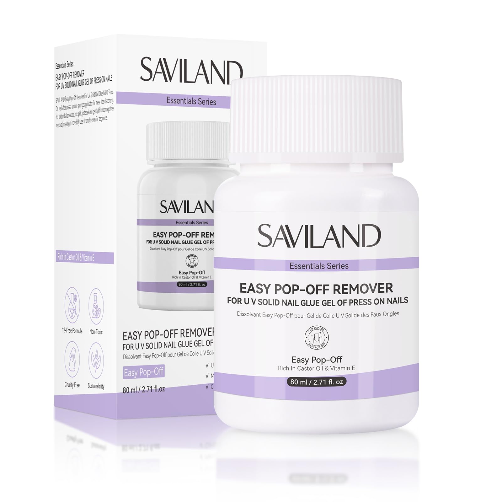 SAVILAND 80ML Rimuovi Colla Unghie Finte, Solvente Solido per Colla per Unghie con Spugnetta per Rimozione per Immersione, Senza Bisogno Lima, Grande Capacità, Senza Acetone, Facile da Usare a Casa