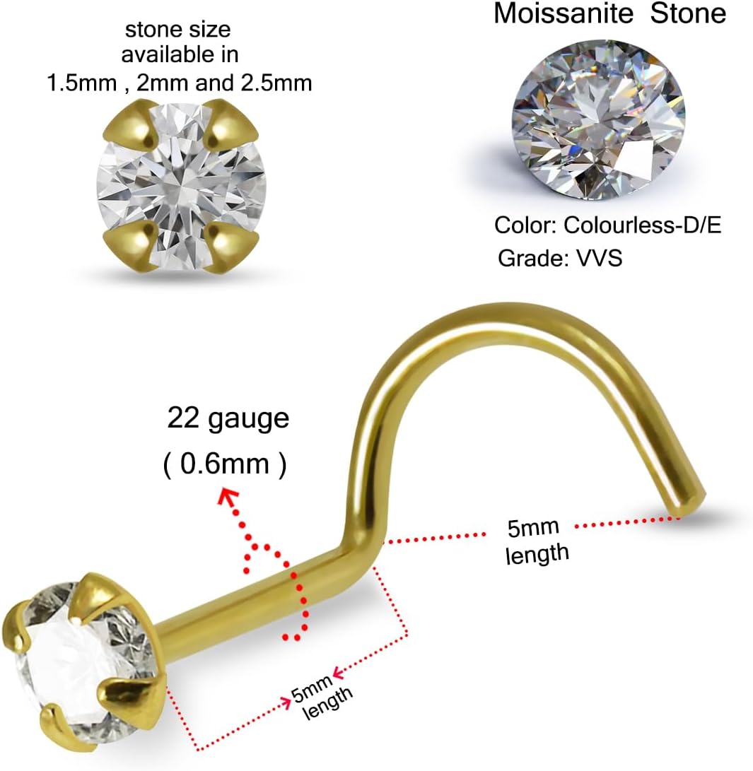 Claw Set Moissanite Stone 14K Solid Yellow Gold 22 Gauge Corkscrew Nose Pin - Nose Stud - Tiny Nose Ring - Nose Piercing Body Jewelry