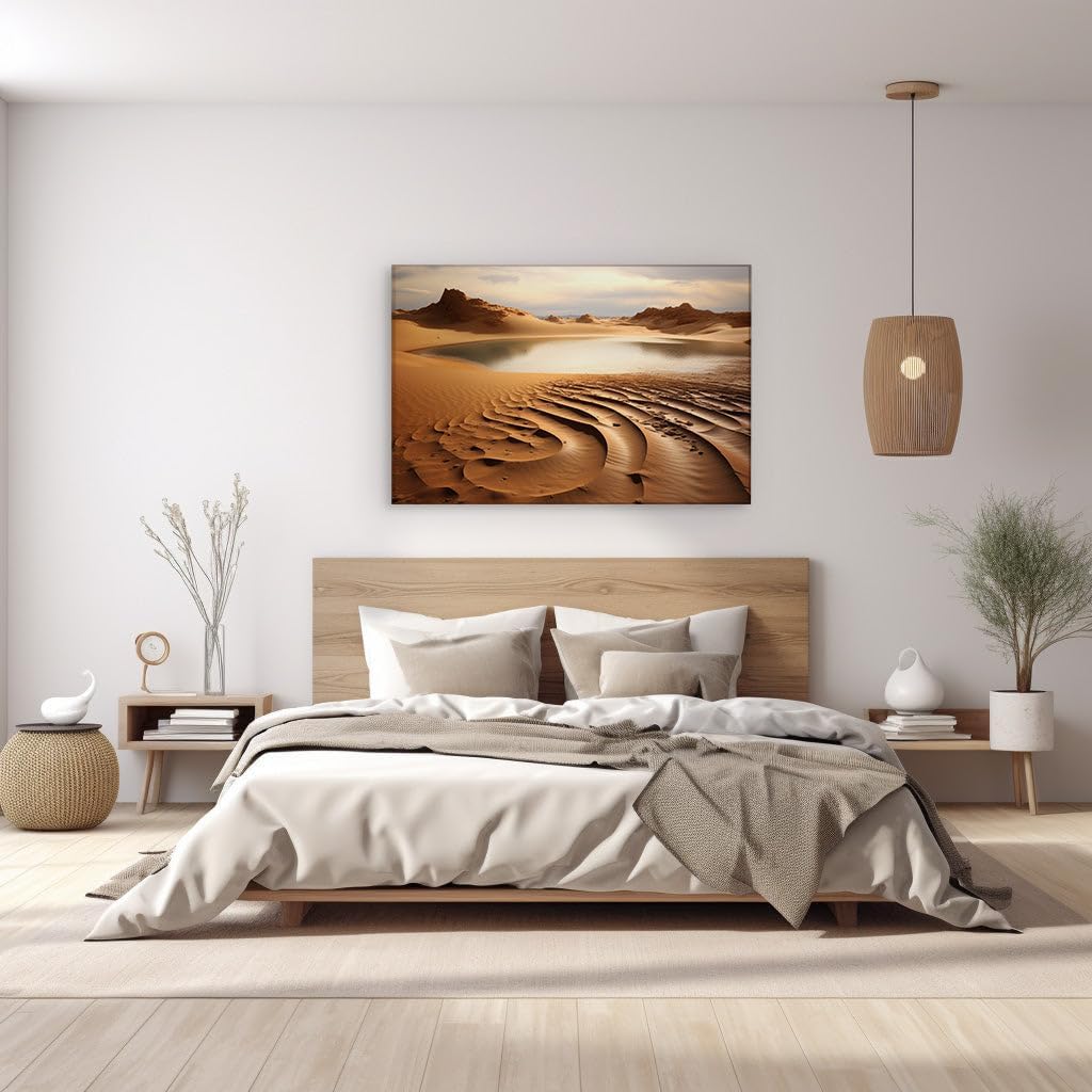Canvas for Living room. Desert Oasis Mirage: A Lonely Lake Amidst the Sea of Sand, 27 x 18 inch Canvas Wall Art - Modern Home Decor