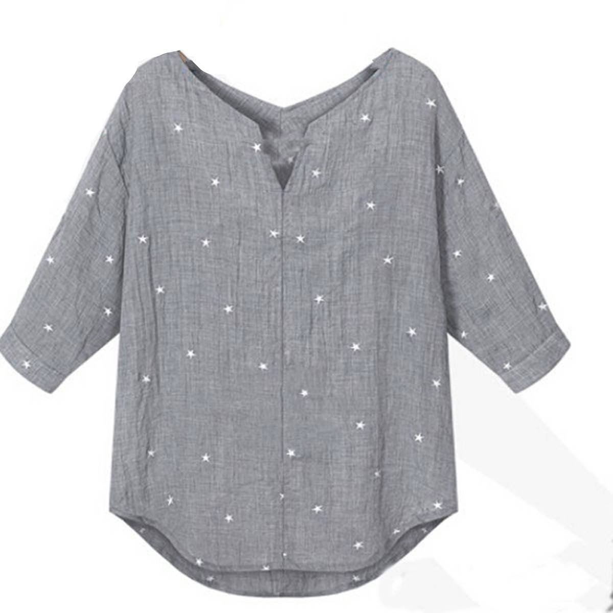 ZANZEA Womens 3/4 Sleeve V-Neck Loose Star Dot Printing Tee Tops Blouse Shirts