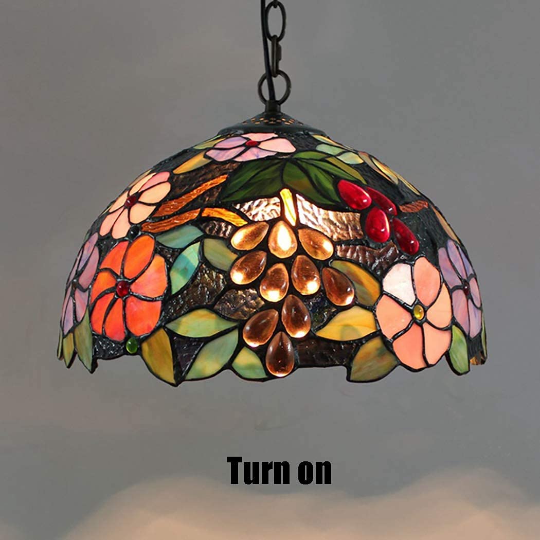 METTEOR European Tiffany Style Pendant Lamp 12-Inch Crystal Grape Handmade Stained Glass Chandelier Antique Iron Sucker For Balcony Bedroom,E27