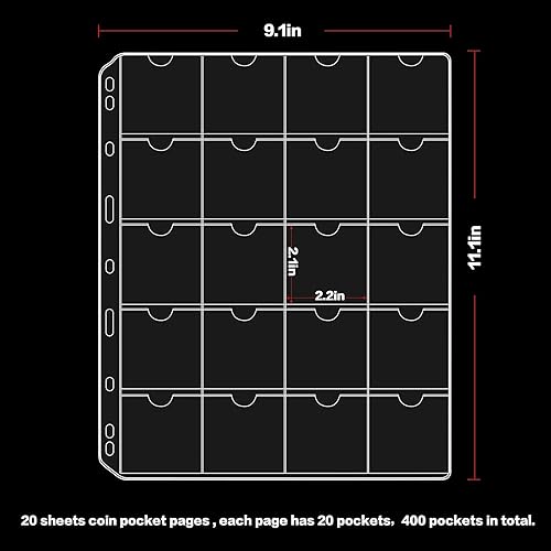 Miniatura 5 de Soporte para monedas de cartón para coleccionistas con 25 hojas de bolsillo para monedas, 500 bolsillos para coleccionar monedas, protectores de