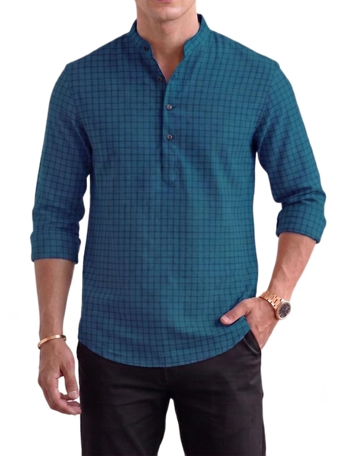 Men's Polyester Checked Short Kurta | Mandarin Collar | Full Sleeve Casual Ethnic Kurta | Regular Fit Pullover (Available in Plus Size)-image-9