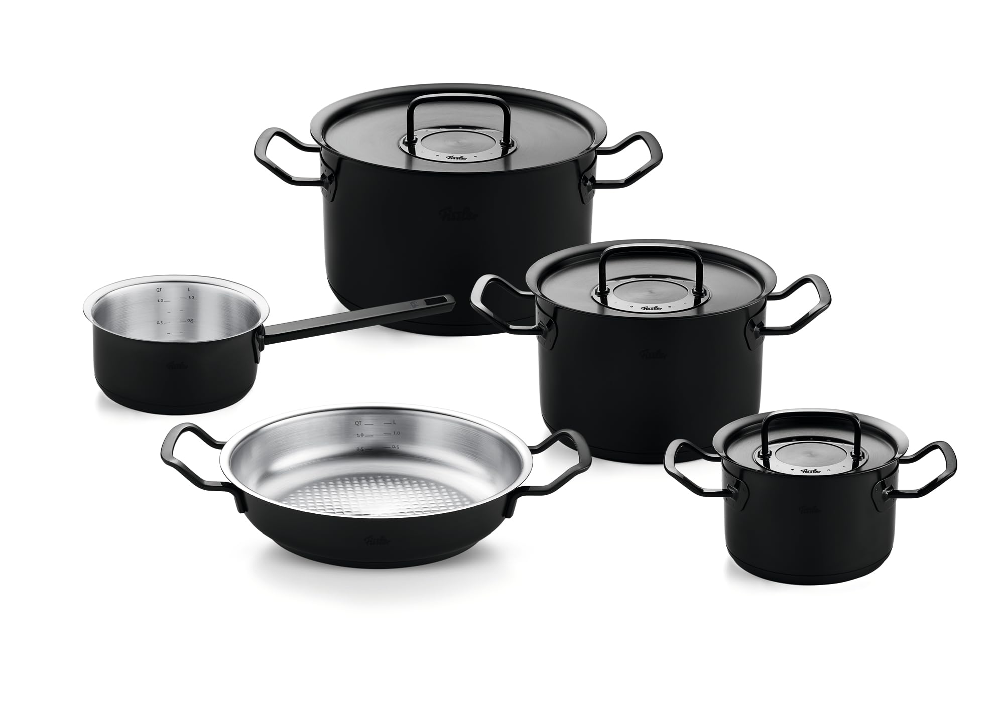 Fissler Original-Profi Collection Shadow Line, 5-teiliges Edelstahl-Topfset, Limitierte Jubiläumsedition, 3 Kochtöpfe, Servierpfanne, Stielkasserolle, Schwarz