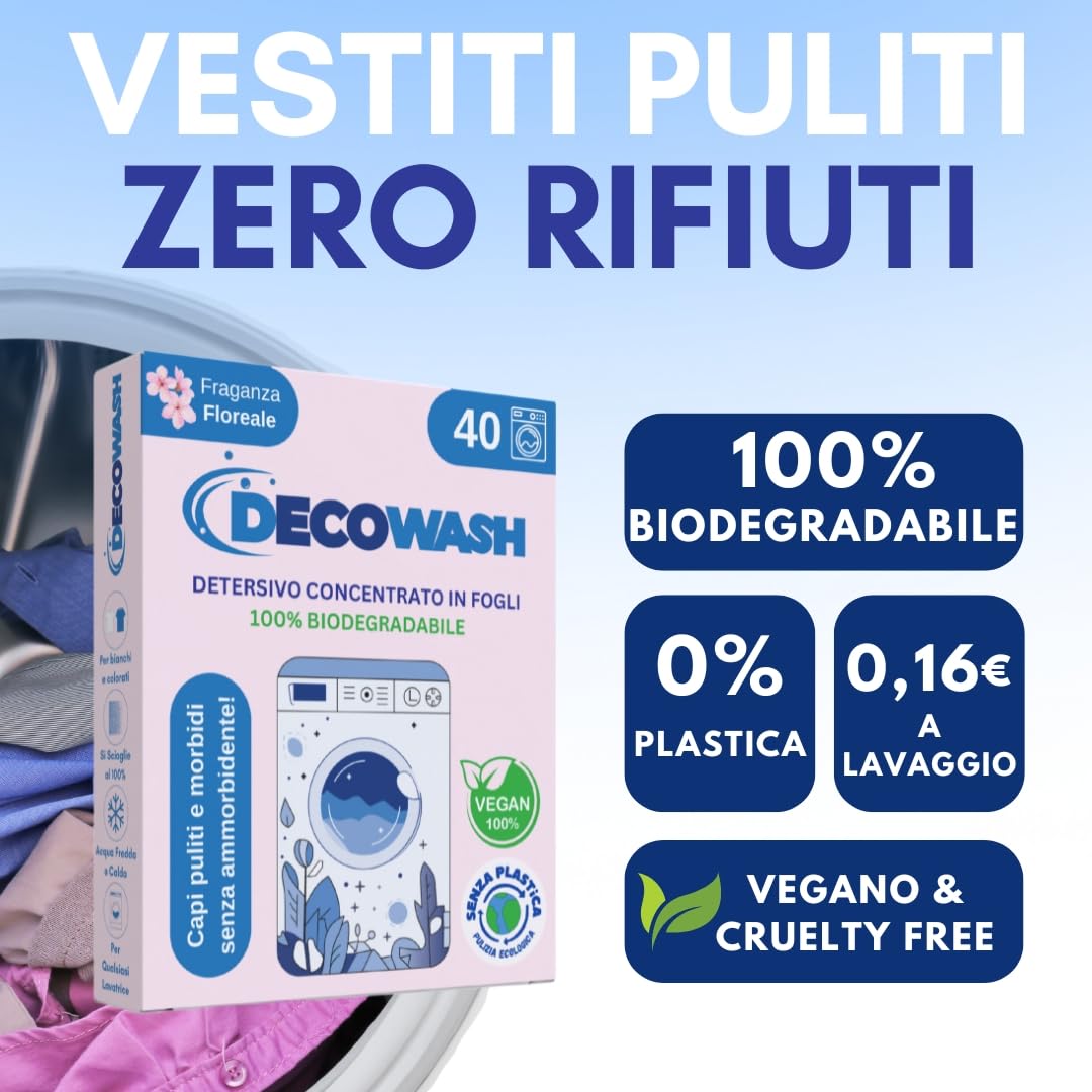Detersivo in Fogli per Lavatrice (Fino a 400 Usi) Ecologico, Ipoallergenico, Senza Plastica, Sapone in Fogli per Bucato Pulito e Morbido, Perfetto per Viaggio, Bimbi e Pelli Sensibili (Floreale)