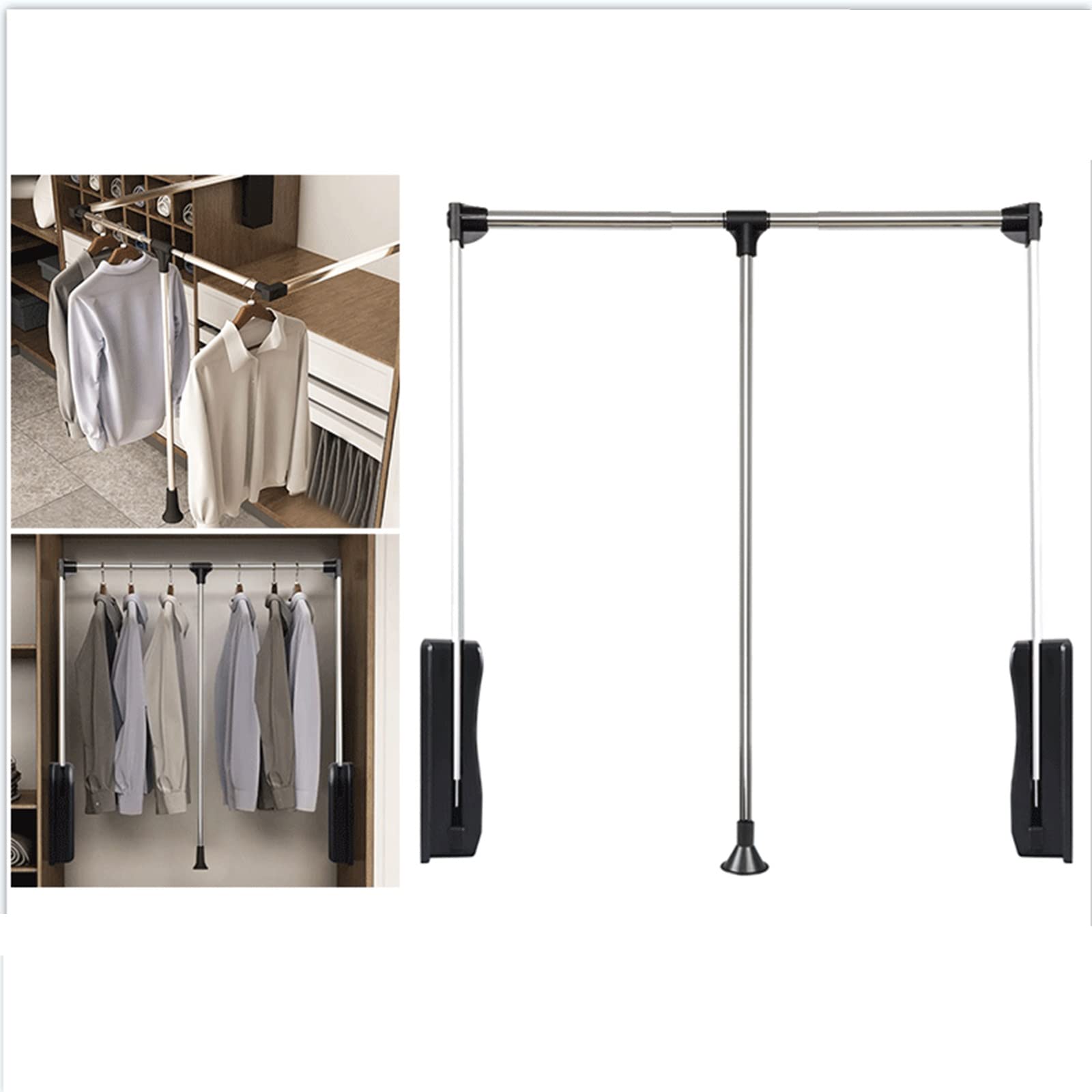 asdchZen Wardrobe Lifting Hanger Drop Down Clothes Rail - 30Kg Super Load Bearing Wardrobe Hanging Rail Lifting Buffer Type Trolley Clothes Hanger Rail,83-115Cm,83
